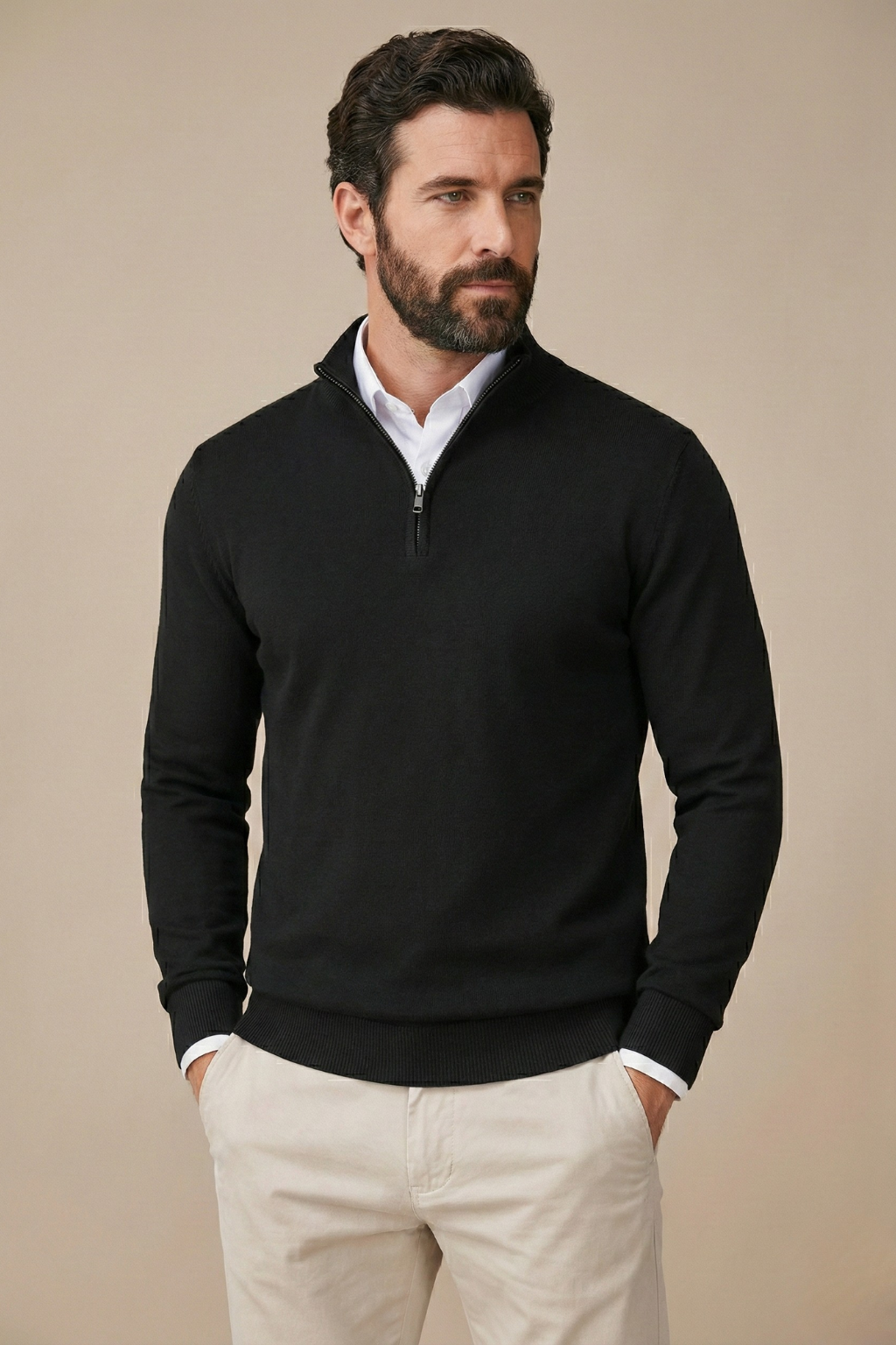 Herrenpullover mit halbem Reißverschluss, Stehkragen, gerippten Bündchen, bequemes, figurbetontes Design, lässiger Strickstil | Sansoti