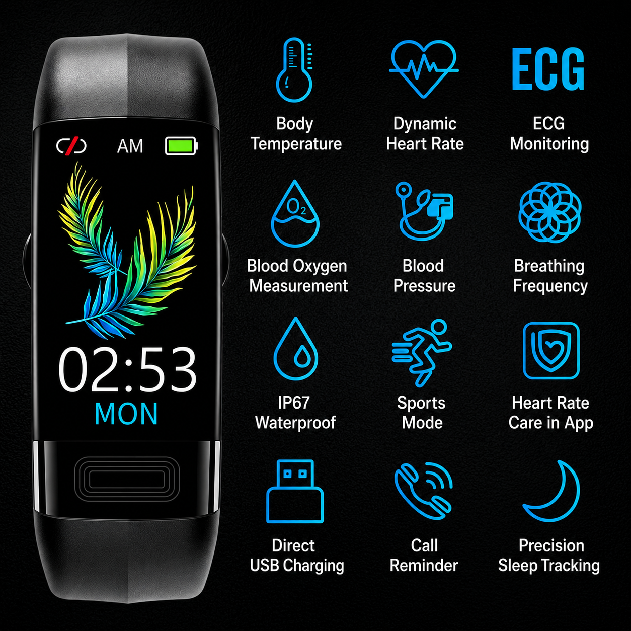 Smartwatch met EKG Hartslag Bloeddruk Slaaptracking Zwart Blauw Rood Gezondheidsmonitor Fitness Tracker Vitaro | Sansoti