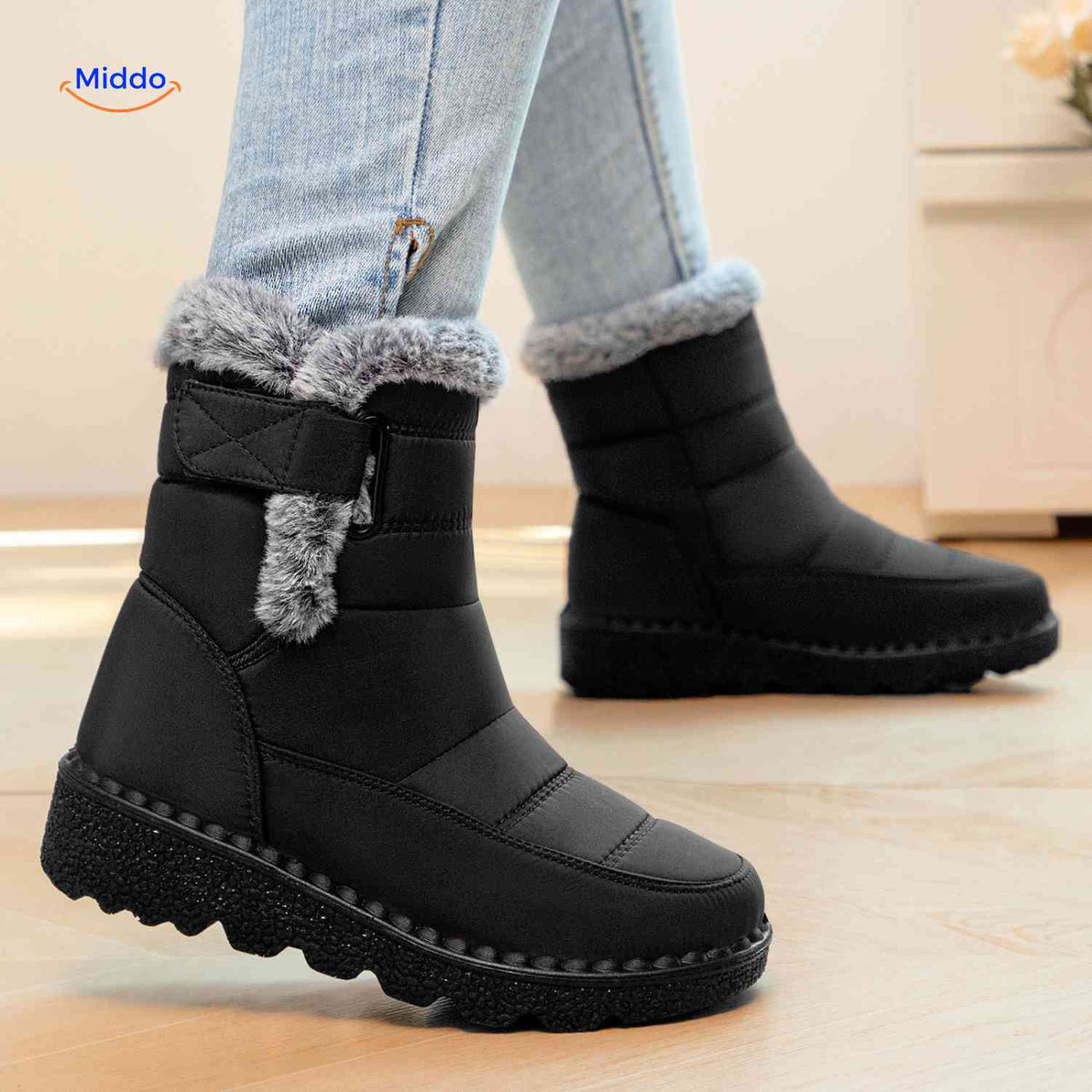 Bottes d’hiver imperméables pour femmes avec doublure en fourrure, antidérapantes, bottines chaudes à scratch, bottes de neige pour la marche | Sansoti