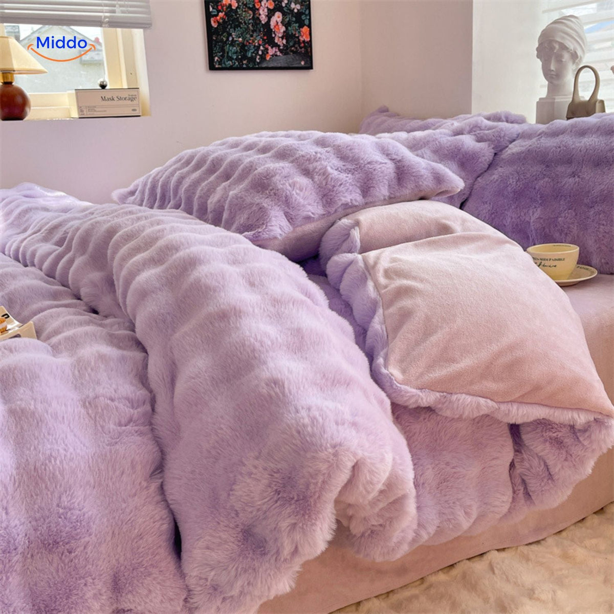 Ensemble de literie quatre pièces en peluche et fausse fourrure, linge de lit d’hiver, textile douillet, doux et chaud, confort pour la chambre à coucher | Sansoti