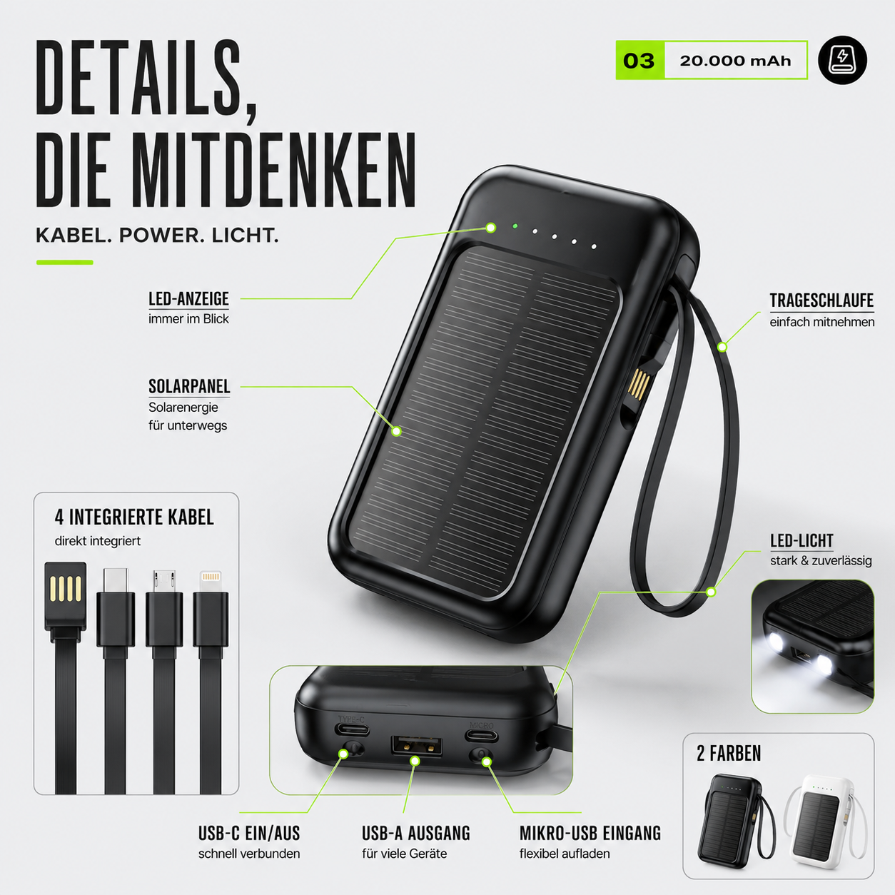 Oplaadbare Powerbank 20000mAh met Zonnepaneel, LED-Zaklamp en Ingebouwde Kabels – Draagbare Noodaccu met Dubbele USB- en Type-C-Aansluiting voor Smartphone en Tablet | Sansoti