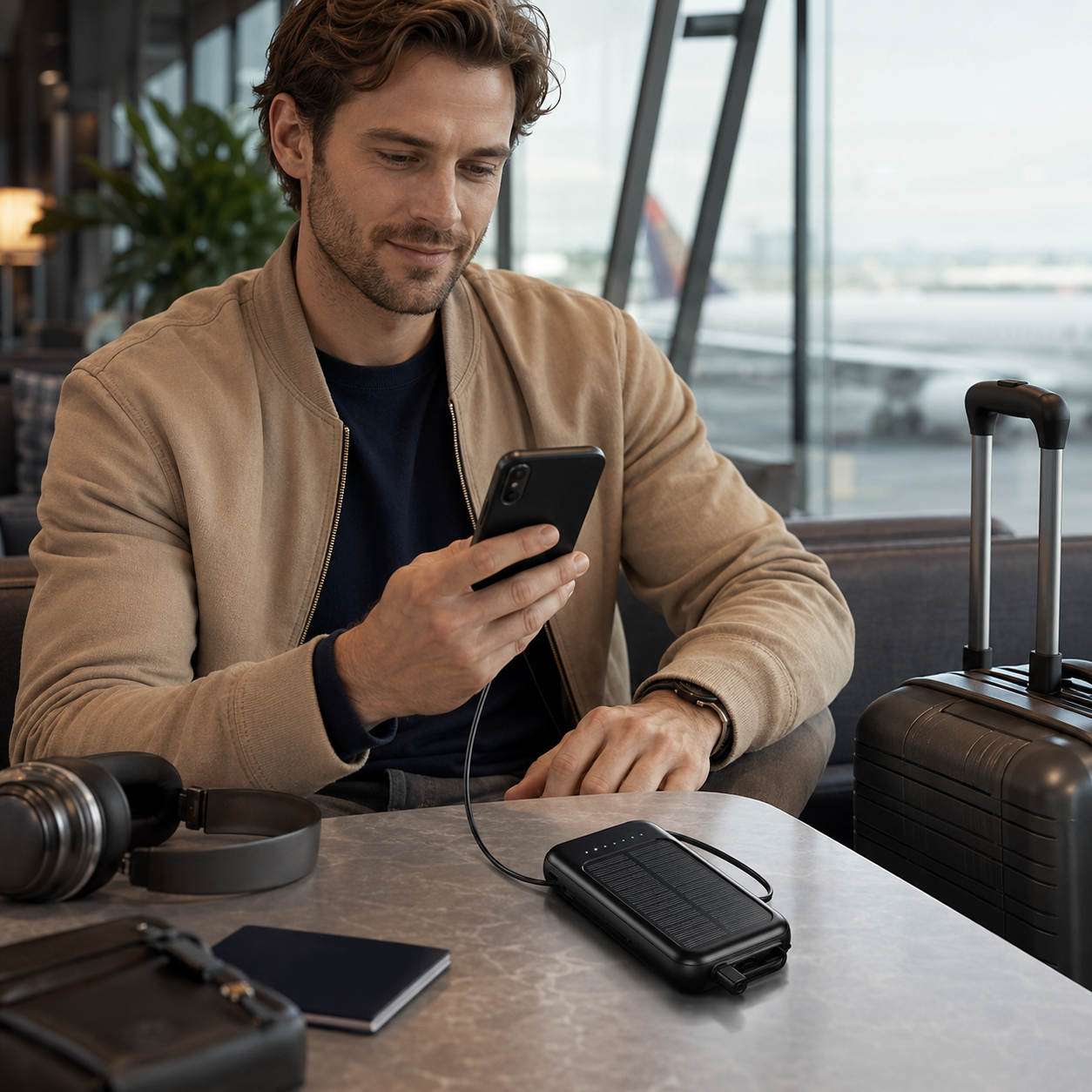 Oplaadbare Powerbank 20000mAh met Zonnepaneel, LED-Zaklamp en Ingebouwde Kabels – Draagbare Noodaccu met Dubbele USB- en Type-C-Aansluiting voor Smartphone en Tablet | Sansoti