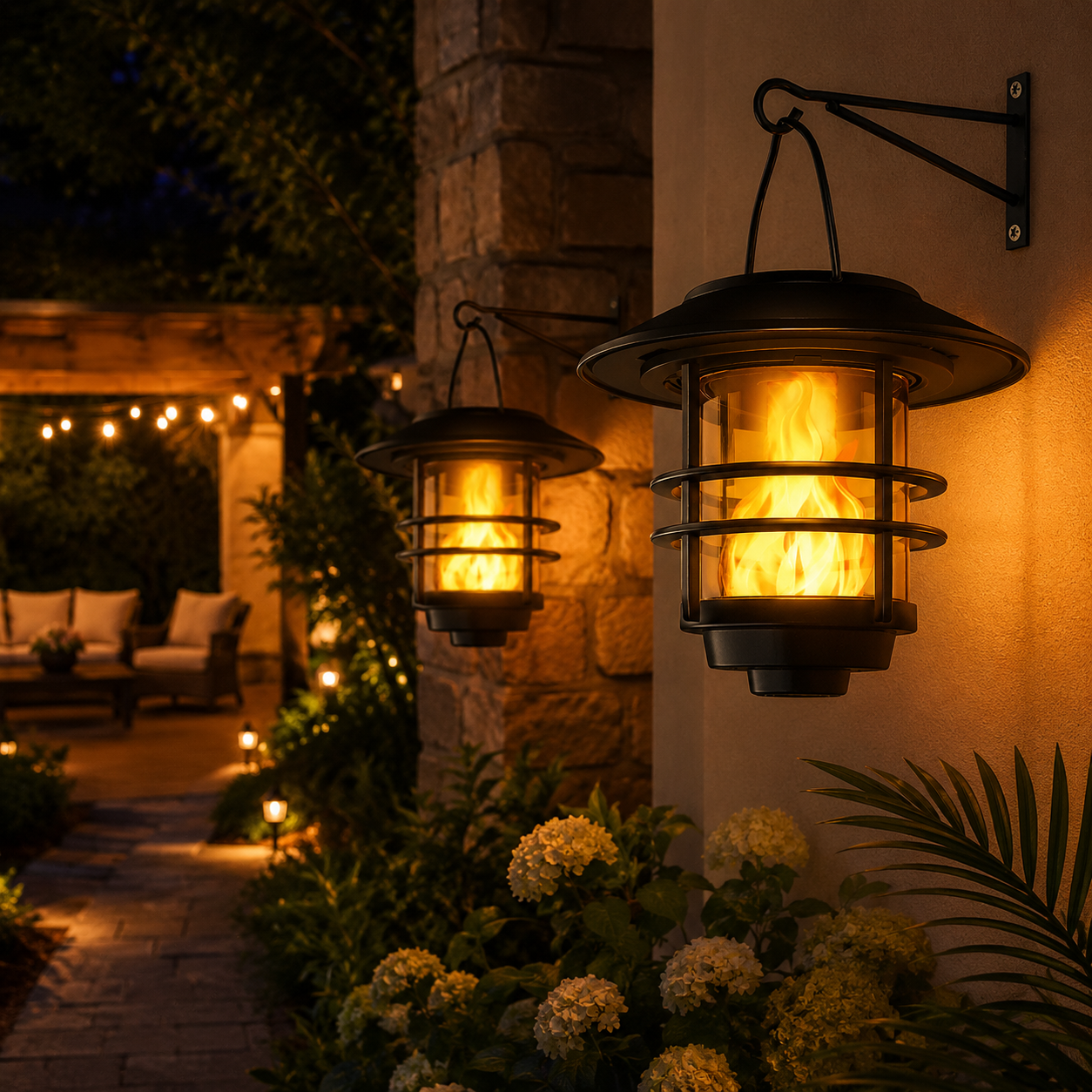 Solarlaternen mit Flammeneffekt für Garten und Veranda – atmosphärische Wandbeleuchtung 2 Stück | Sansoti