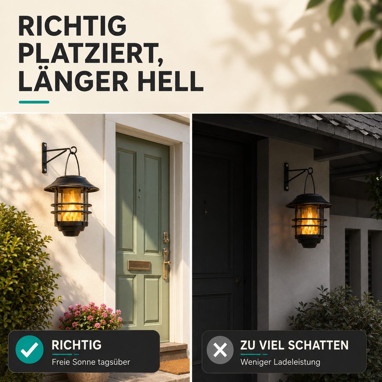 Solarlaternen mit Flammeneffekt für Garten und Veranda – atmosphärische Wandbeleuchtung 2 Stück | Sansoti