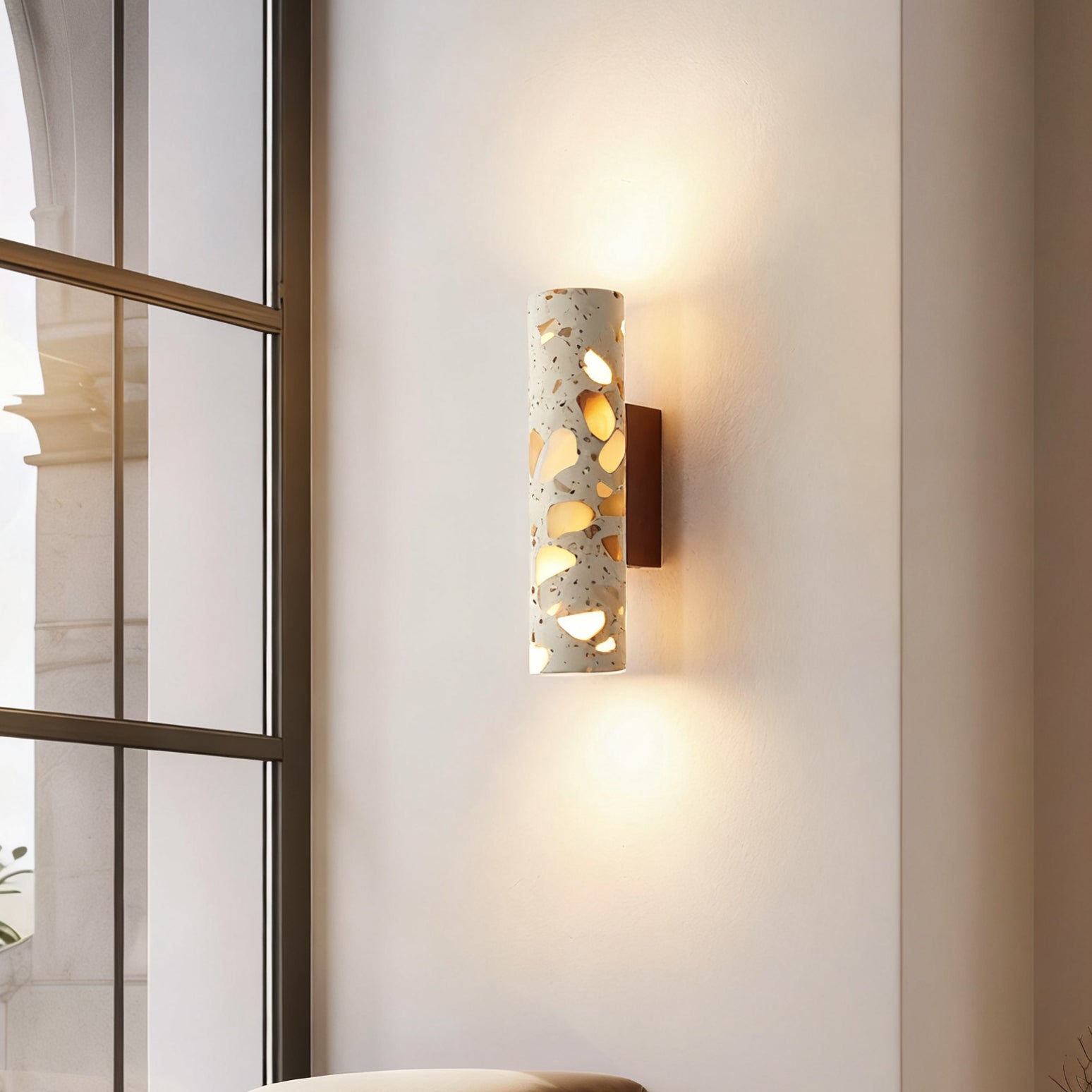 Wandlamp Terrazzo Cilinder – Walnoot Houten Basis – Handgemaakt Natuursteen – Retro Kolom Design – Warm Licht G9 – Woonkamer Slaapkamer Gang | Sansoti