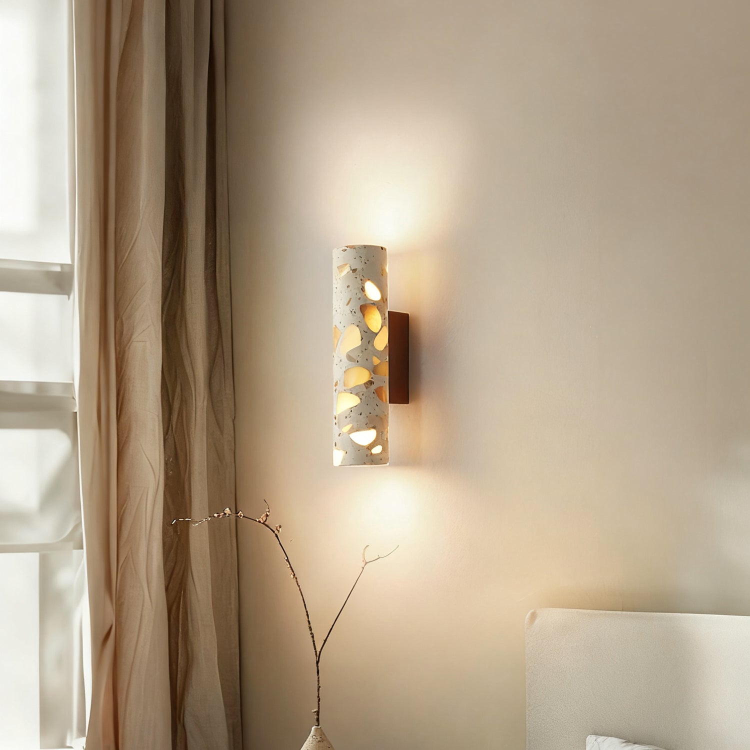 Wandlamp Terrazzo Cilinder – Walnoot Houten Basis – Handgemaakt Natuursteen – Retro Kolom Design – Warm Licht G9 – Woonkamer Slaapkamer Gang | Sansoti