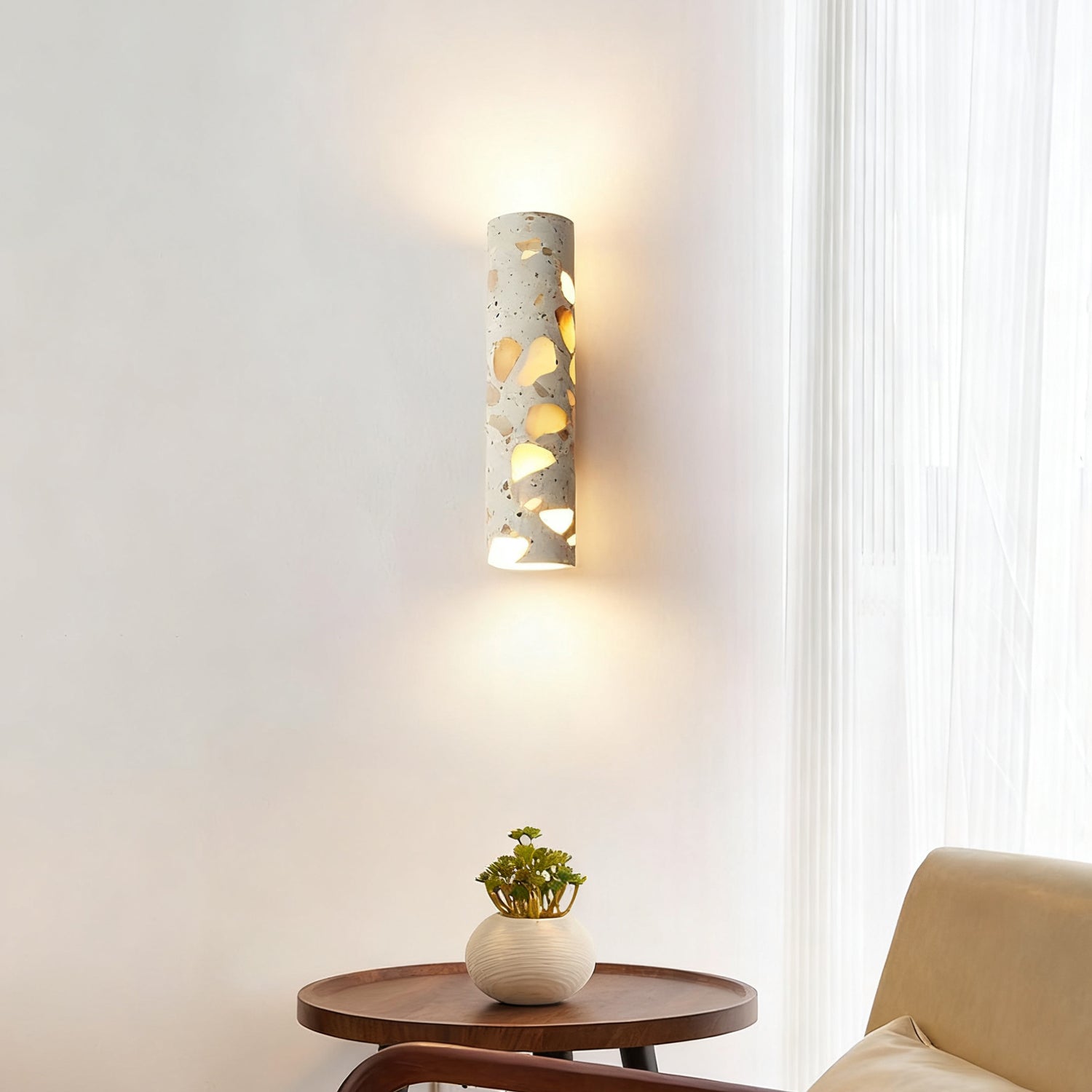 Wandlamp Terrazzo Cilinder – Walnoot Houten Basis – Handgemaakt Natuursteen – Retro Kolom Design – Warm Licht G9 – Woonkamer Slaapkamer Gang | Sansoti