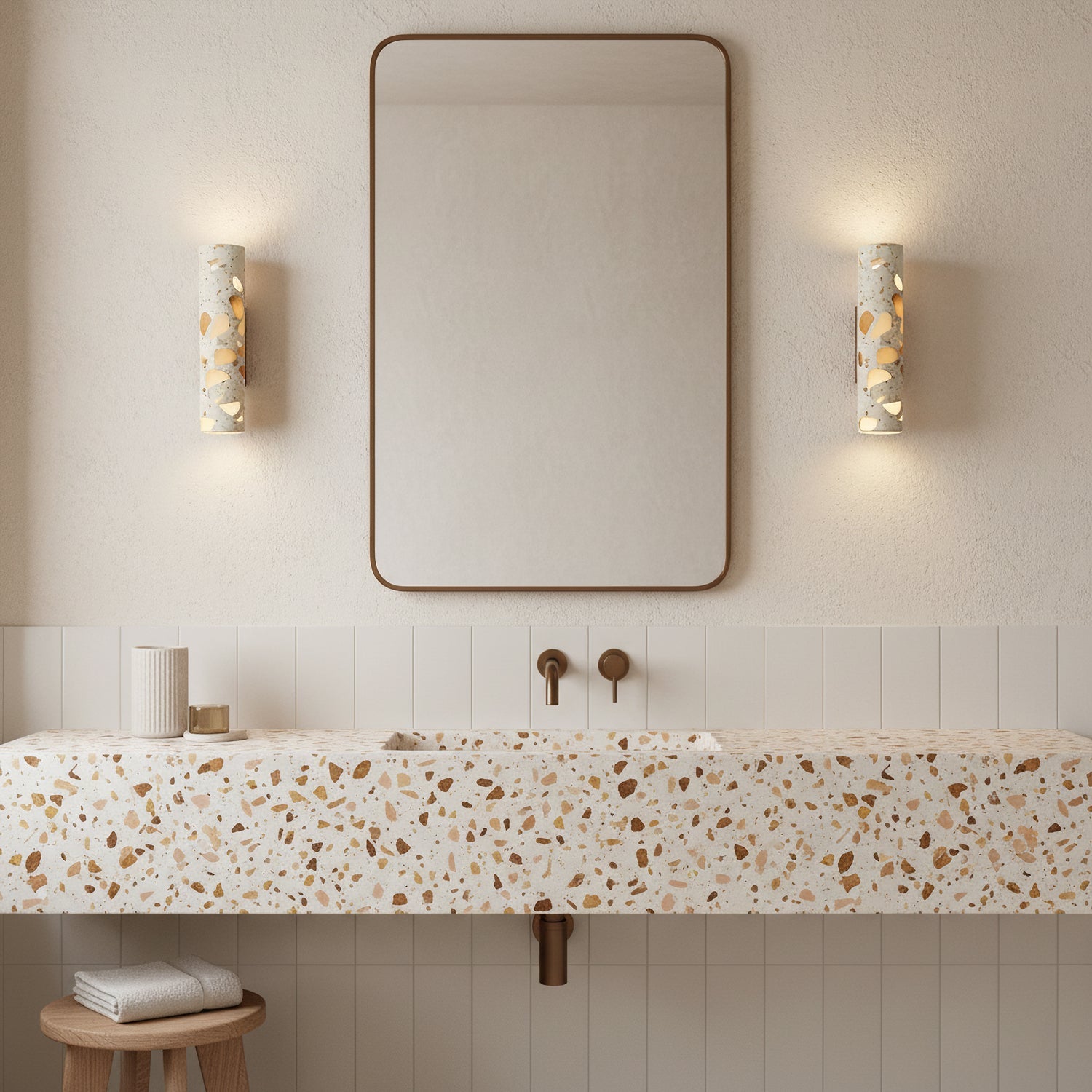 Wandlamp Terrazzo Cilinder – Walnoot Houten Basis – Handgemaakt Natuursteen – Retro Kolom Design – Warm Licht G9 – Woonkamer Slaapkamer Gang | Sansoti