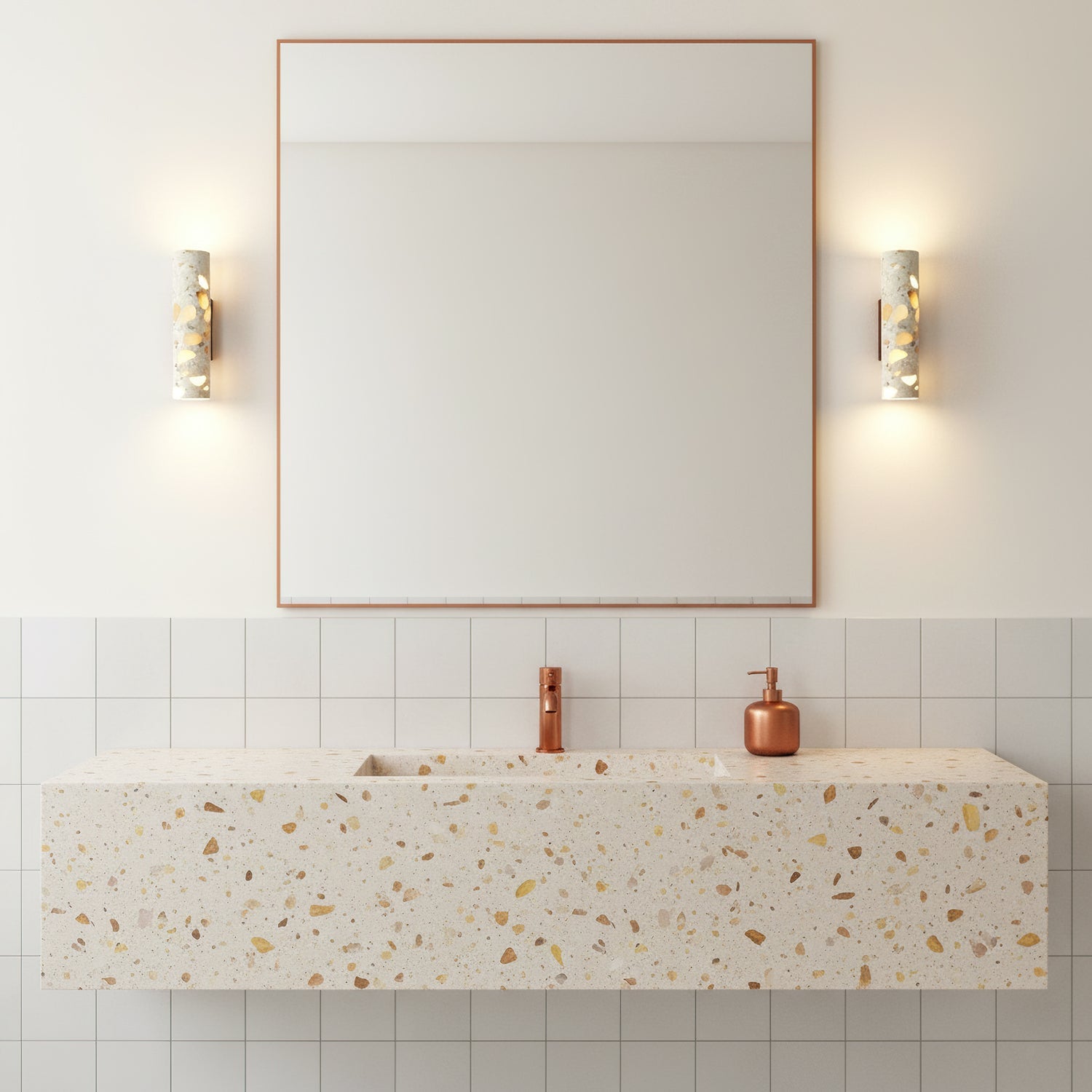 Wandlamp Terrazzo Cilinder – Walnoot Houten Basis – Handgemaakt Natuursteen – Retro Kolom Design – Warm Licht G9 – Woonkamer Slaapkamer Gang | Sansoti