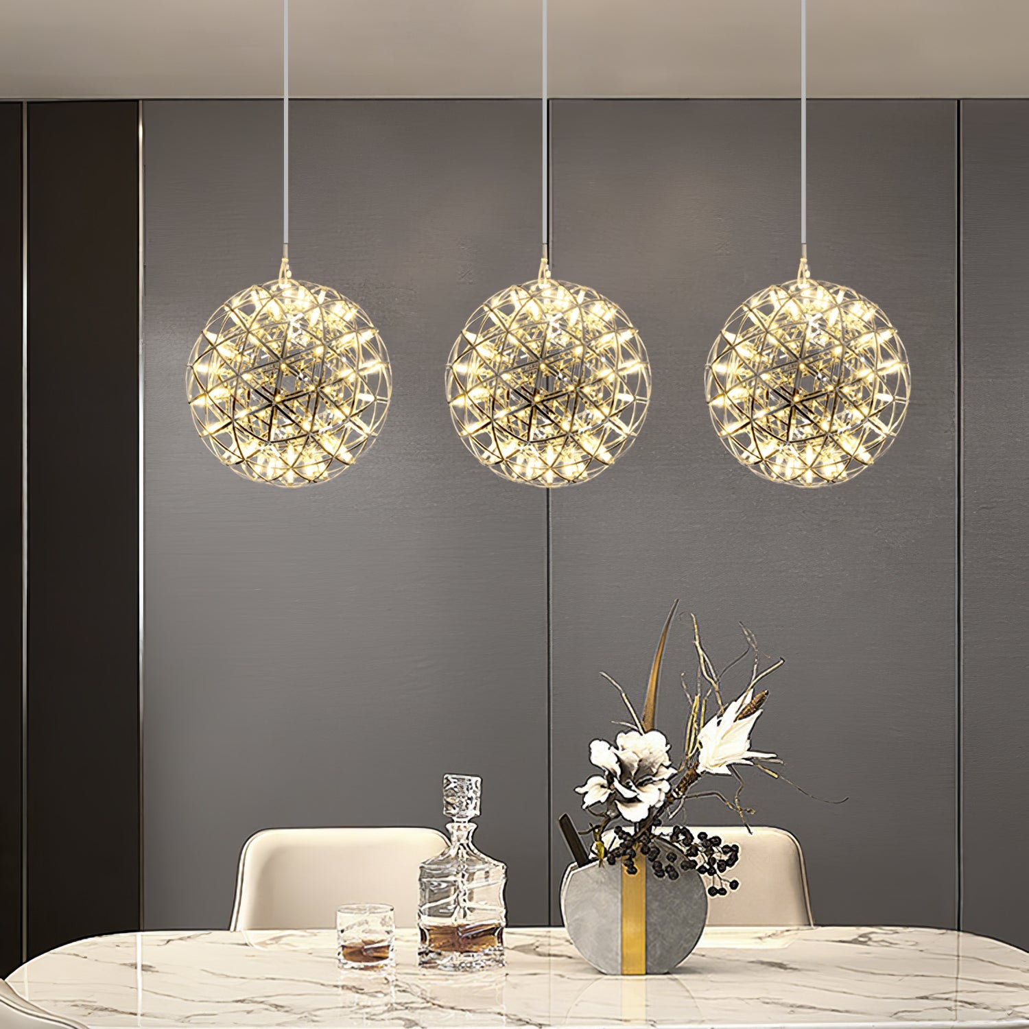 LED Hanglamp Bol Zilver Sfeerverlichting Moderne Lichtbol met Dimbare Lichtpunten Transparante Kristalbol Decoratief Scandinavisch Warm Wit Industrieel Design Interieurlamp | Sansoti