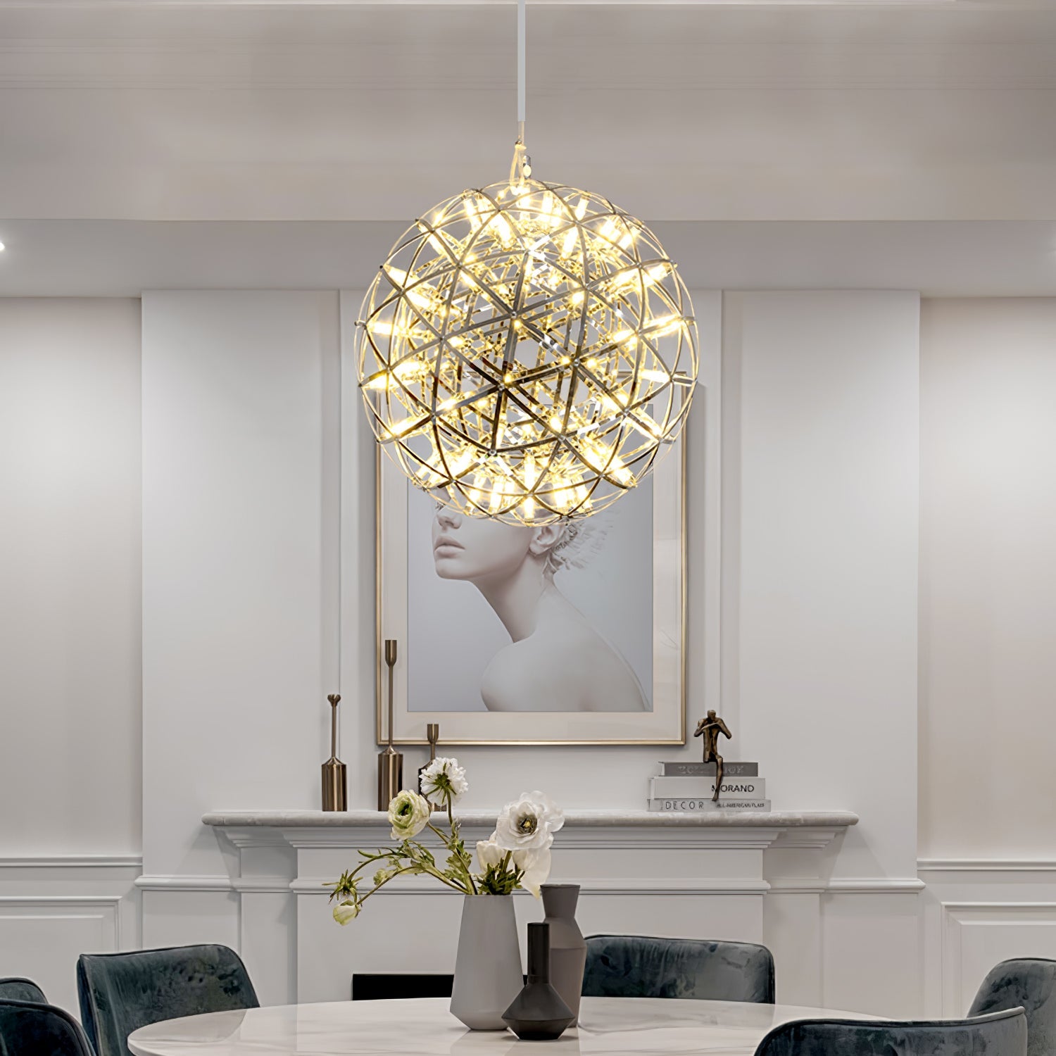 LED Hanglamp Bol Zilver Sfeerverlichting Moderne Lichtbol met Dimbare Lichtpunten Transparante Kristalbol Decoratief Scandinavisch Warm Wit Industrieel Design Interieurlamp | Sansoti