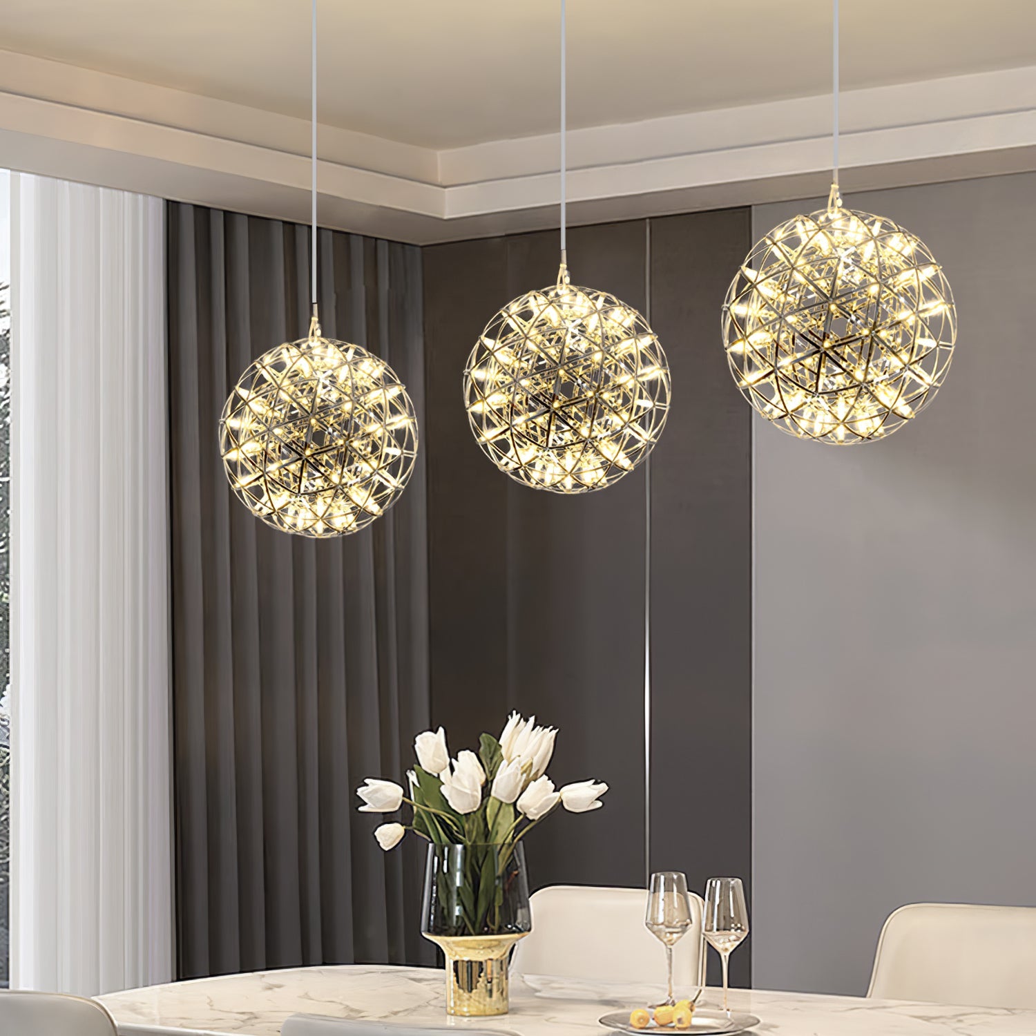 LED Hanglamp Bol Zilver Sfeerverlichting Moderne Lichtbol met Dimbare Lichtpunten Transparante Kristalbol Decoratief Scandinavisch Warm Wit Industrieel Design Interieurlamp | Sansoti