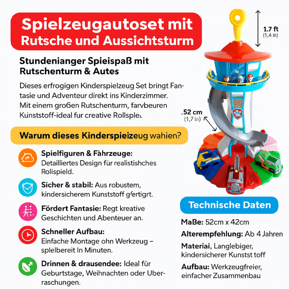 Speelgoed Auto Set Met Glijbaan En Uitkijktoren Kunststof 52x42cm Met Figuren Vanaf 4 Jaar | Sansoti