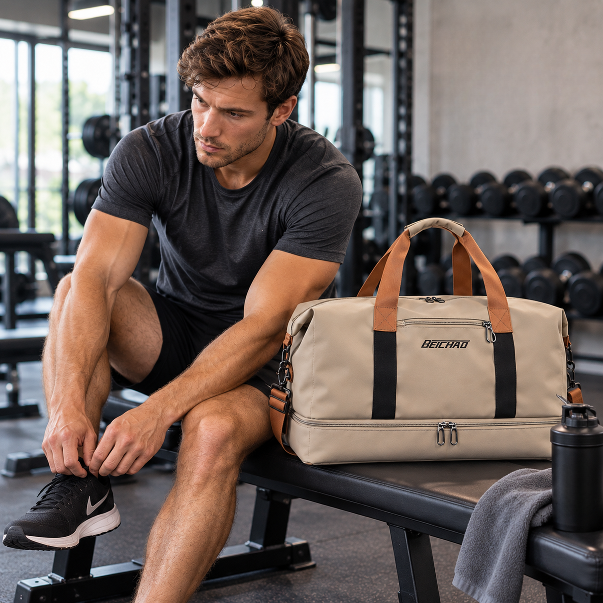 Sporttas met Schoenenvak en Natte-Droge Scheiding 46x25x28cm Oxford Stof Trolley Bevestiging Gym Fitness | Sansoti