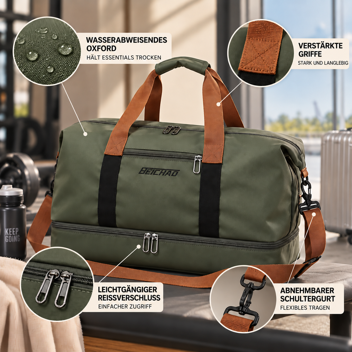 Sporttas met Schoenenvak en Natte-Droge Scheiding 46x25x28cm Oxford Stof Trolley Bevestiging Gym Fitness | Sansoti