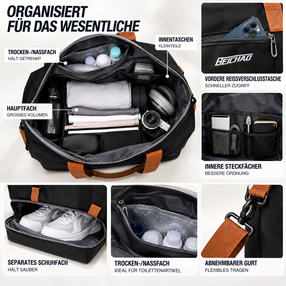 Sporttas met Schoenenvak en Natte-Droge Scheiding 46x25x28cm Oxford Stof Trolley Bevestiging Gym Fitness | Sansoti