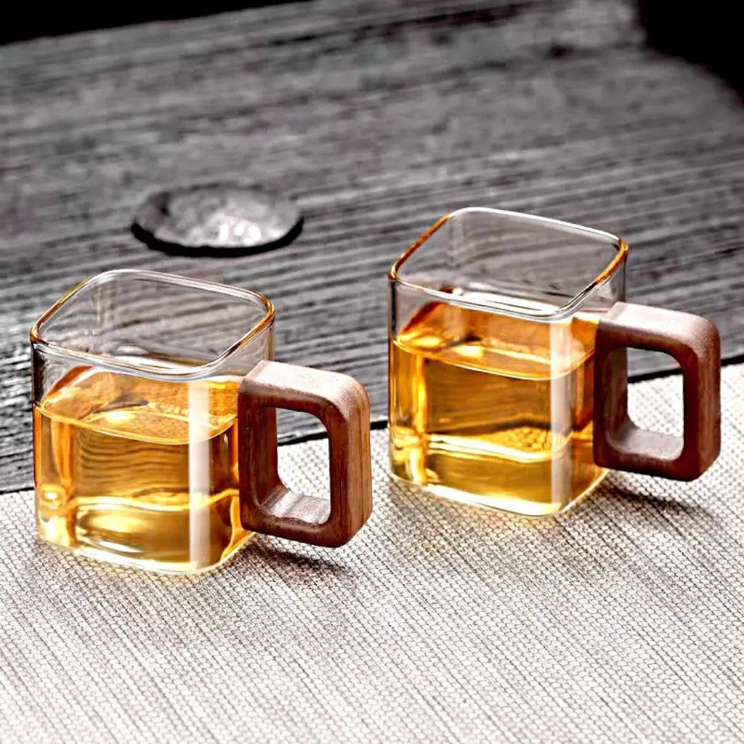 Mug en Verre Carré Verre Borosilicate Poignée Bois Noyer 90ml Espresso Thé | Restfield