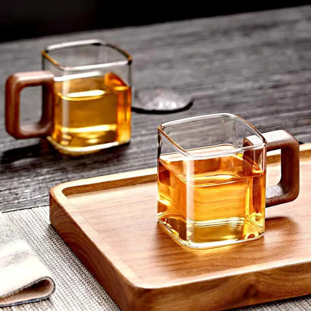 Mug en Verre Carré Verre Borosilicate Poignée Bois Noyer 90ml Espresso Thé | Restfield