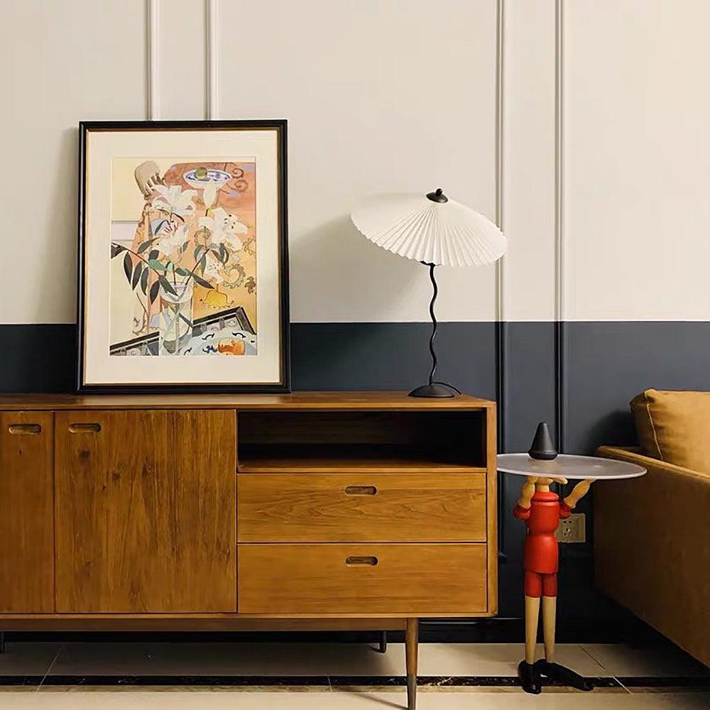 Tafellamp met Golvende Voet en Geplooide Kap – Scandinavisch Accent voor Woonkamer, Gang of Slaapkamer | Zwarte Basis met Beige, Witte, Donkergroene of Zwarte Stoffen Kap | E14 Fitting | Dimbaar met Drukknop | Sansoti