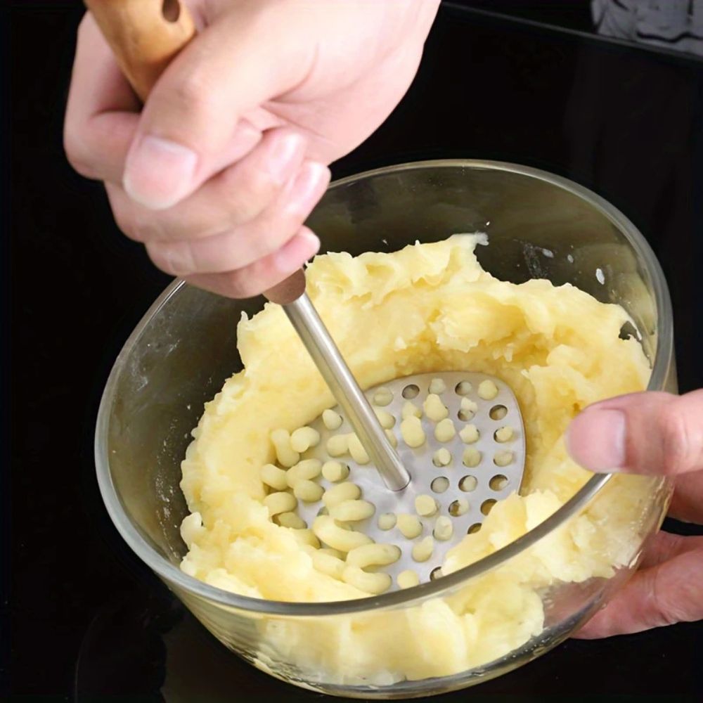 Aardappelstamper RVS 304 Hout Handvat Keuken Puree Stamper Ergonomisch Roestvrijstaal Keukentool Groenten Fruit | Sansoti