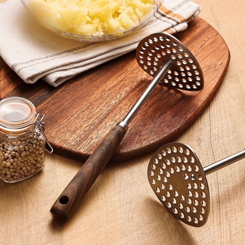 Aardappelstamper RVS 304 Hout Handvat Keuken Puree Stamper Ergonomisch Roestvrijstaal Keukentool Groenten Fruit | Sansoti