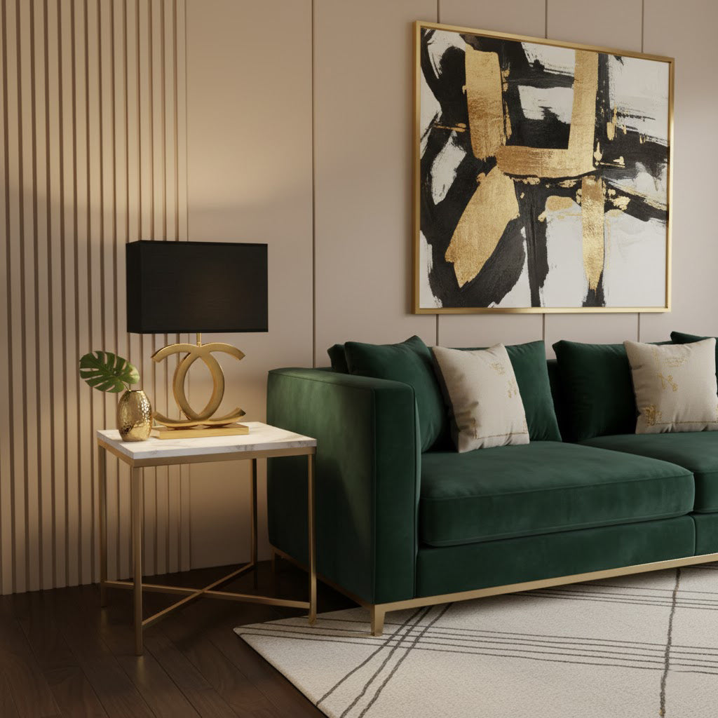 Roestvrij Stalen Tafellamp met Stoffen Kap – Luxe Designlamp Goud/Chroom met Zwart/Wit – E26/E27 Fitting – Ø36.5×H62cm | Sansoti