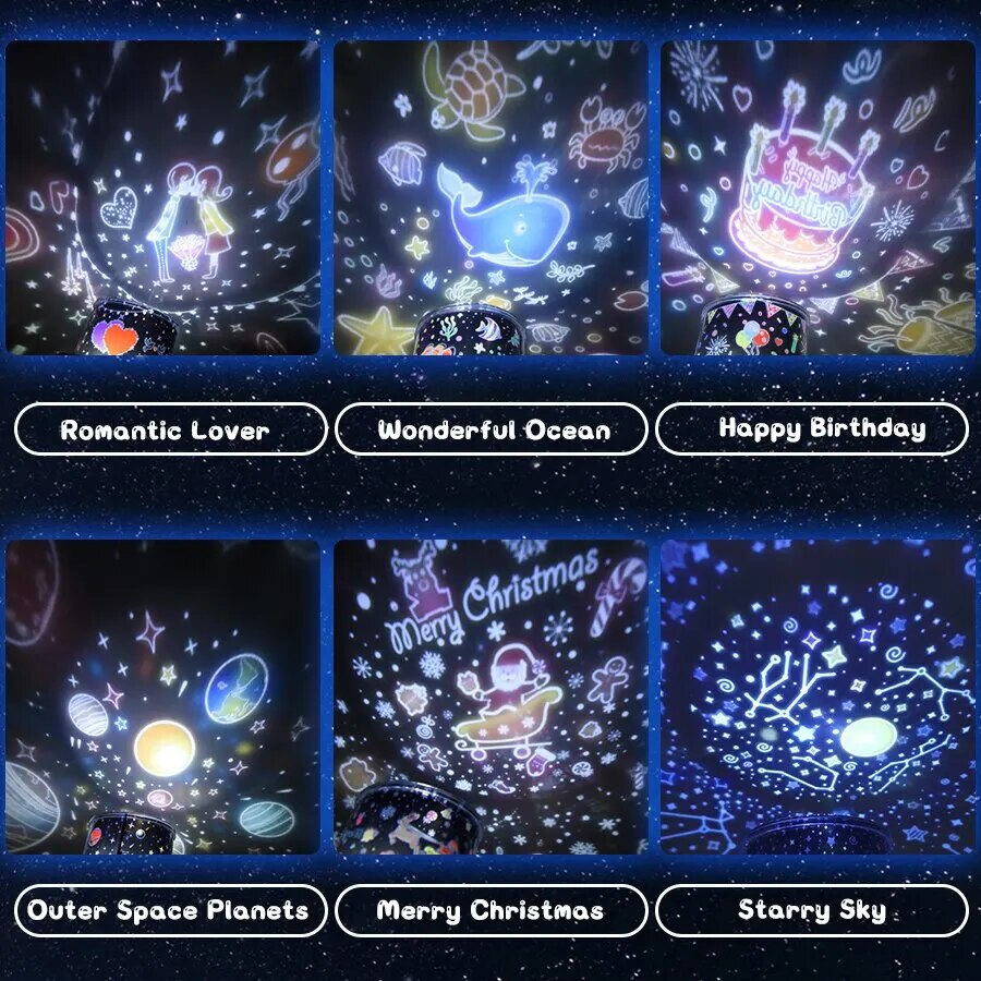 LED Kids Night Light Starry Sky Warm White Projection Rotation USB Rechargeable Bedroom Decoration Mood Lighting | Sansoti