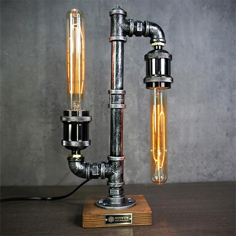 Industriële Tafelverlichting Metaal Hout Steampunk Waterleidingpijp Design E26 E27 Retro Tafellamp Woonkamer | Sansoti