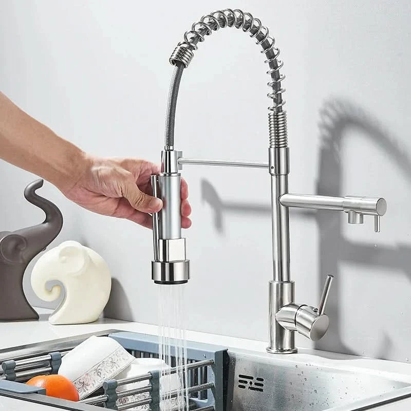 Robinet de cuisine extensible chromé à bec orientable, eau chaude et froide, douchette flexible, mitigeur de cuisine | Sansoti