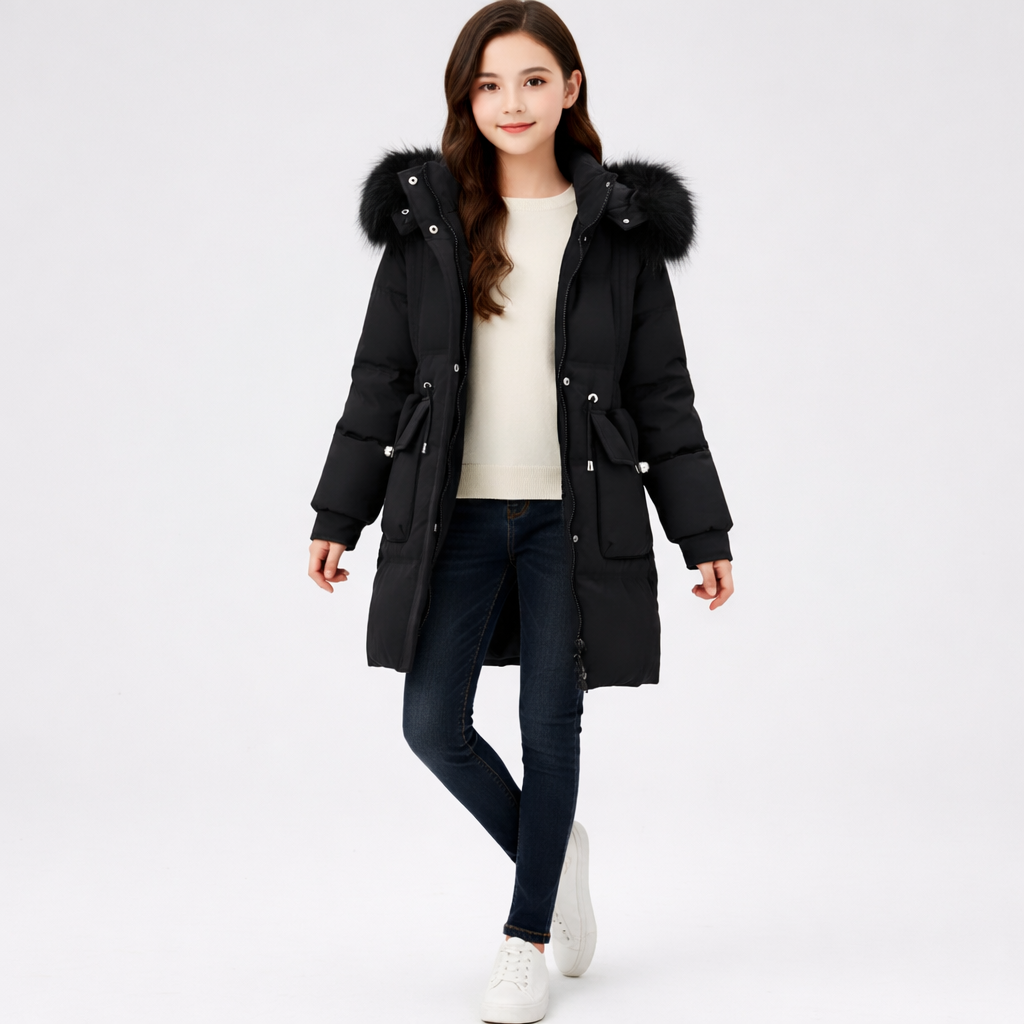 Winterjas Kinderen Katoen Polyester Zwart Meisjes Capuchon Warme Jas Winterjas Meisjes Lange Jas Met Bontkraag Dagelijks Gebruik | Sansoti