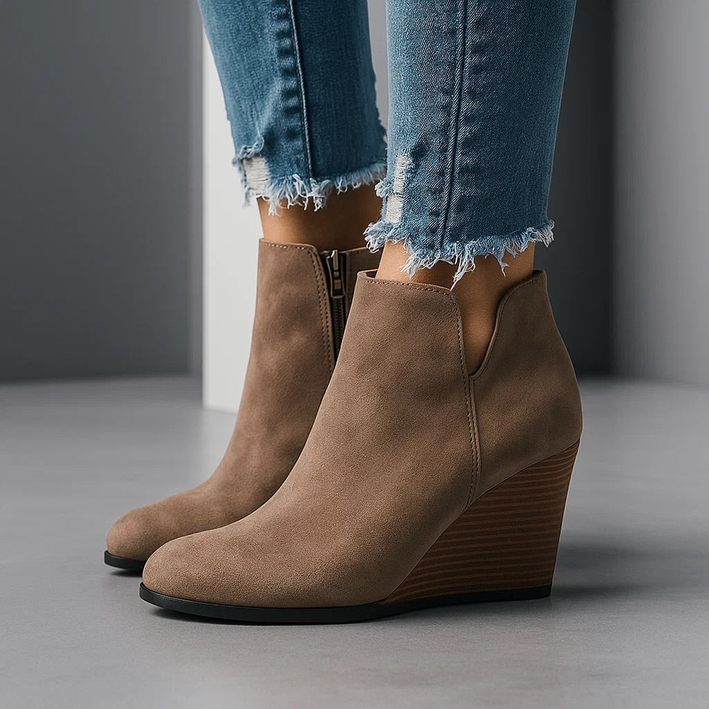 Suede Ankle Boots with Wedge Heel and Side Cutout, Women’s Wedge Boots, Round Toe, Casual, Stylish, Comfortable | Sansoti