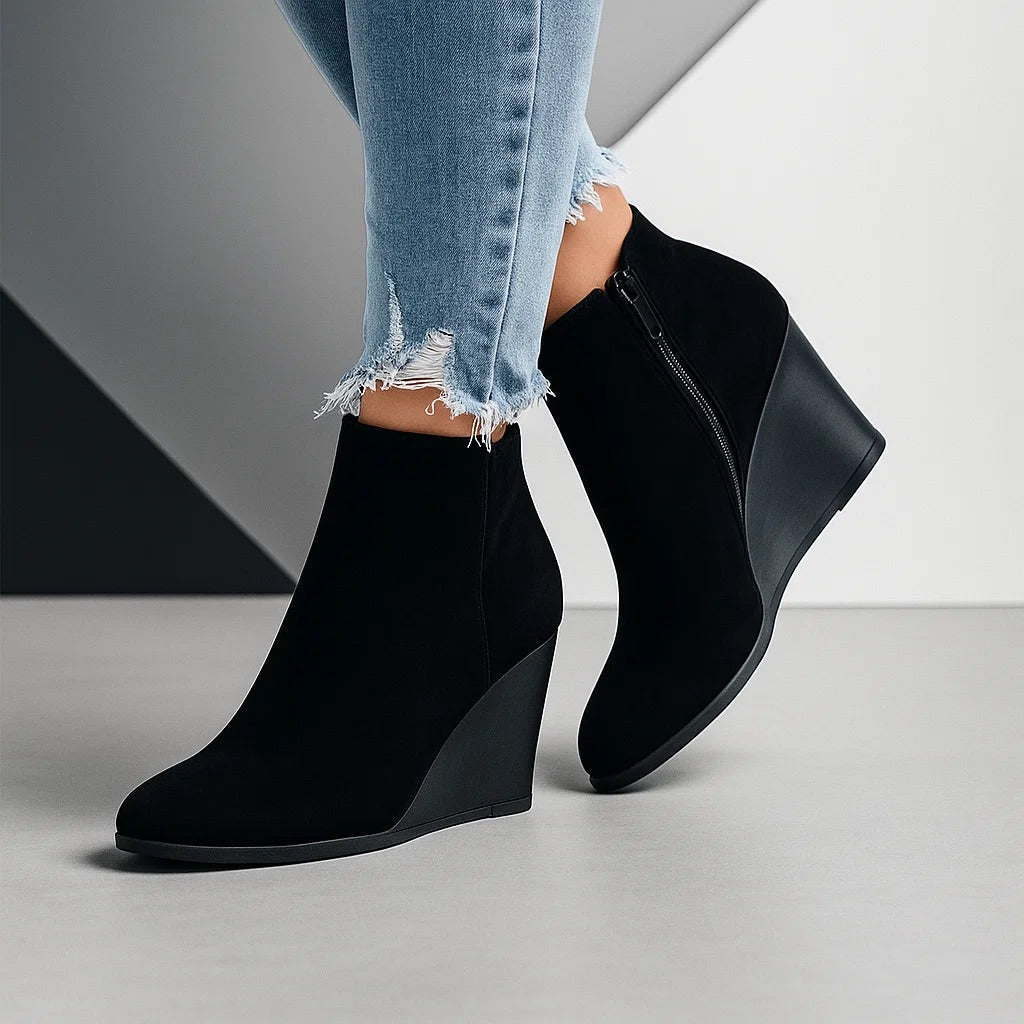 Suede Ankle Boots with Wedge Heel and Side Cutout, Women’s Wedge Boots, Round Toe, Casual, Stylish, Comfortable | Sansoti