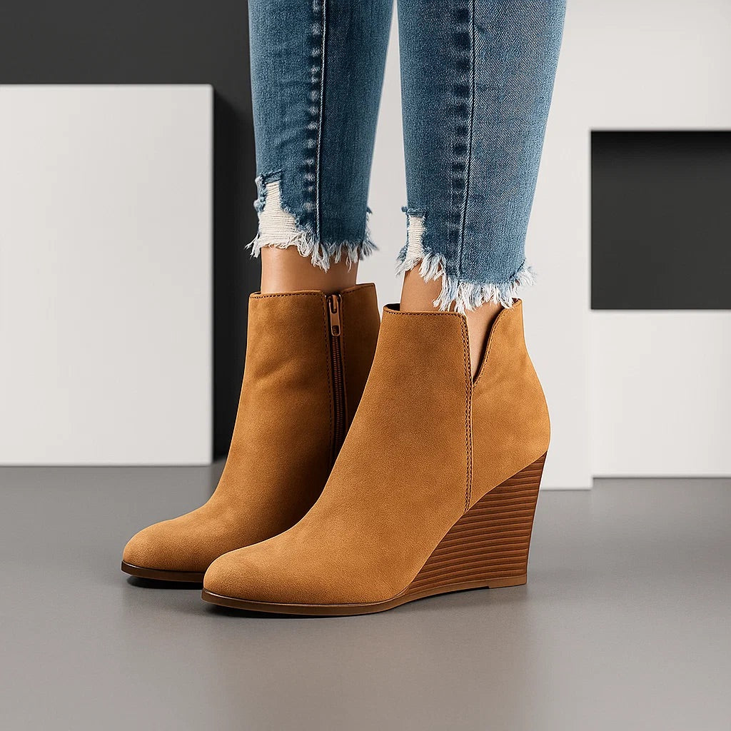 Suede Ankle Boots with Wedge Heel and Side Cutout, Women’s Wedge Boots, Round Toe, Casual, Stylish, Comfortable | Sansoti