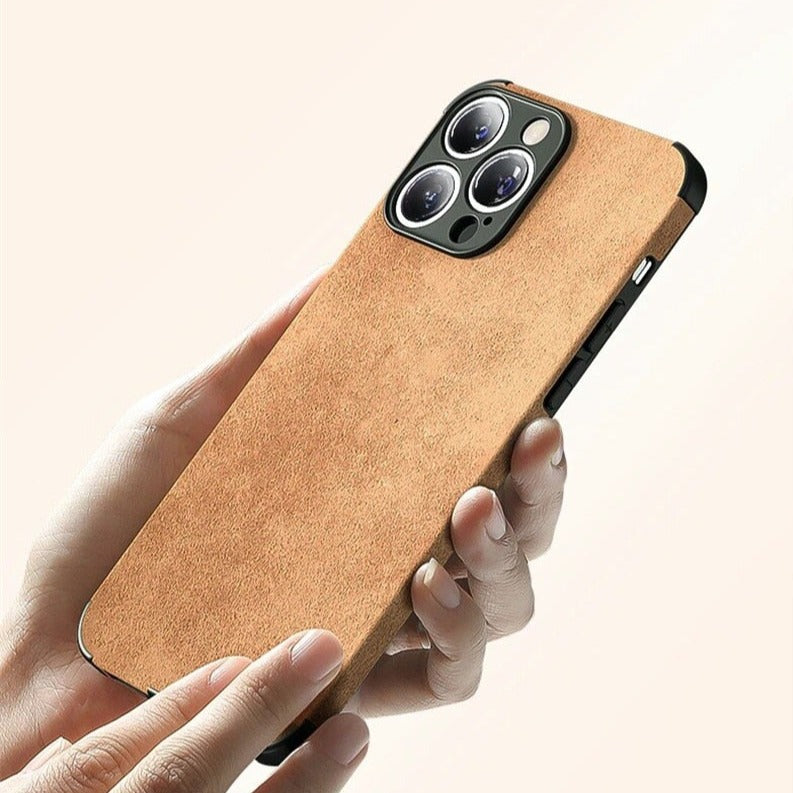 Etui do iPhone’a o fakturze skóry z efektem zamszu, odporną na wstrząsy ramką, ochroną aparatu, stylowe i odporne na kurz | Sansoti
