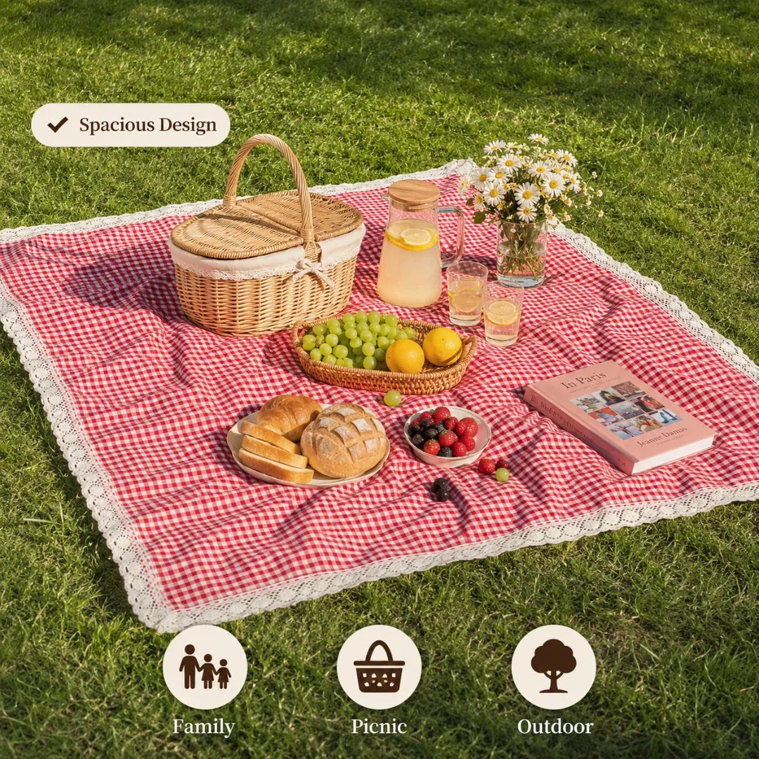 Geruite Picknickdeken met Gehaakte Rand Rood Zachte Buitenkleed Outdoor Deken voor Tuin Park Strand 5 Maten | Sansoti