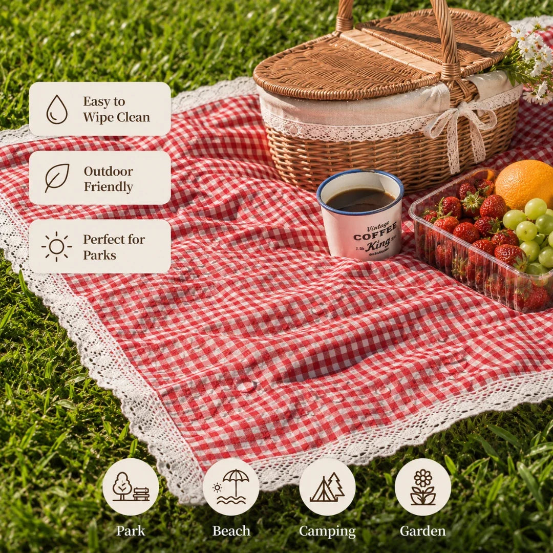 Geruite Picknickdeken met Gehaakte Rand Rood Zachte Buitenkleed Outdoor Deken voor Tuin Park Strand 5 Maten | Sansoti