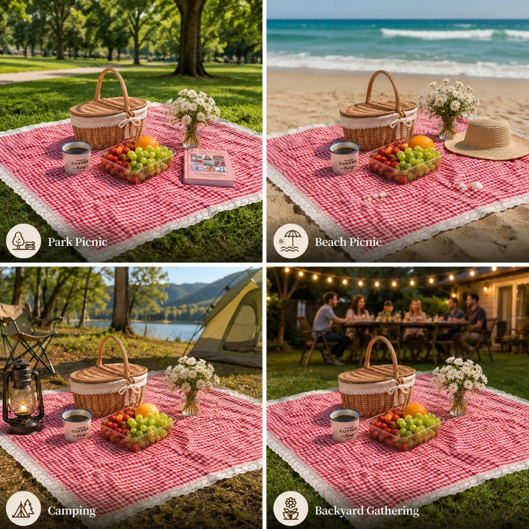 Geruite Picknickdeken met Gehaakte Rand Rood Zachte Buitenkleed Outdoor Deken voor Tuin Park Strand 5 Maten | Sansoti