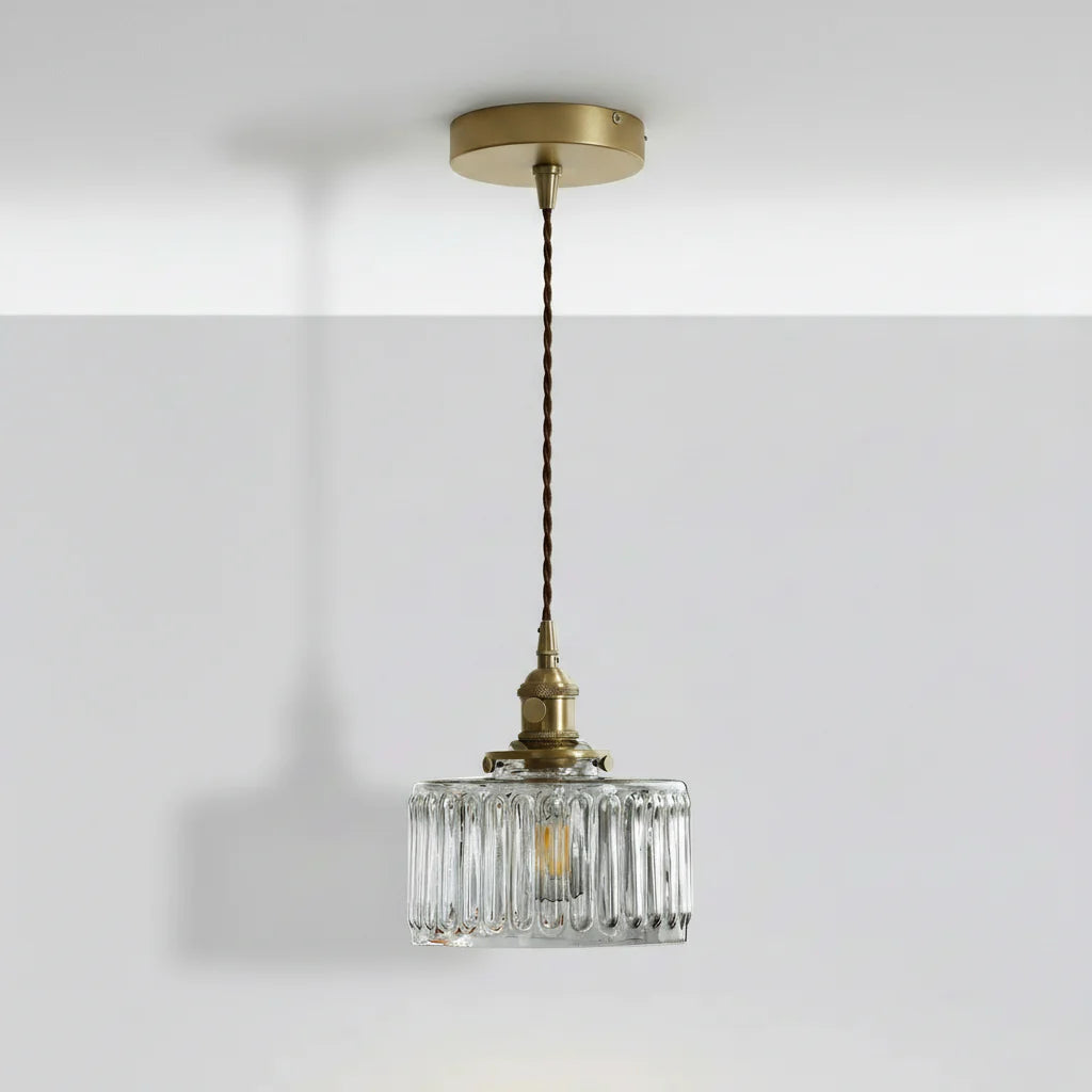 Retro Hanglamp Geribbeld Glas Koper Transparant Grijs E27 Woonkamer Eetkamer Slaapkamer Vintage Industrieel | Sansoti