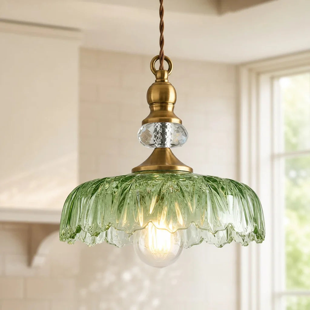 Vintage Hanglamp Glas Messing Bloemmotief Groen Zwart | Sansoti