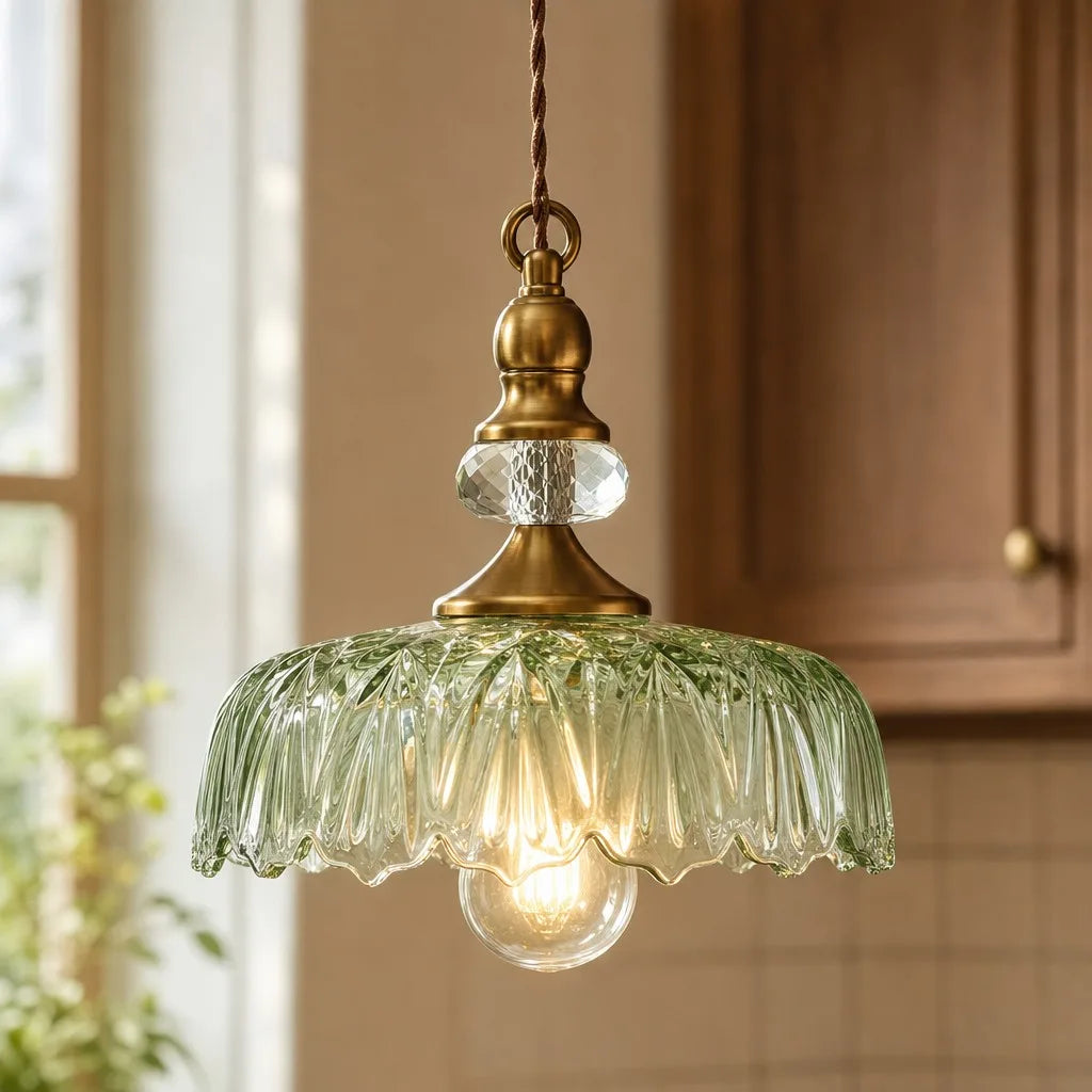 Vintage Hanglamp Glas Messing Bloemmotief Groen Zwart | Sansoti