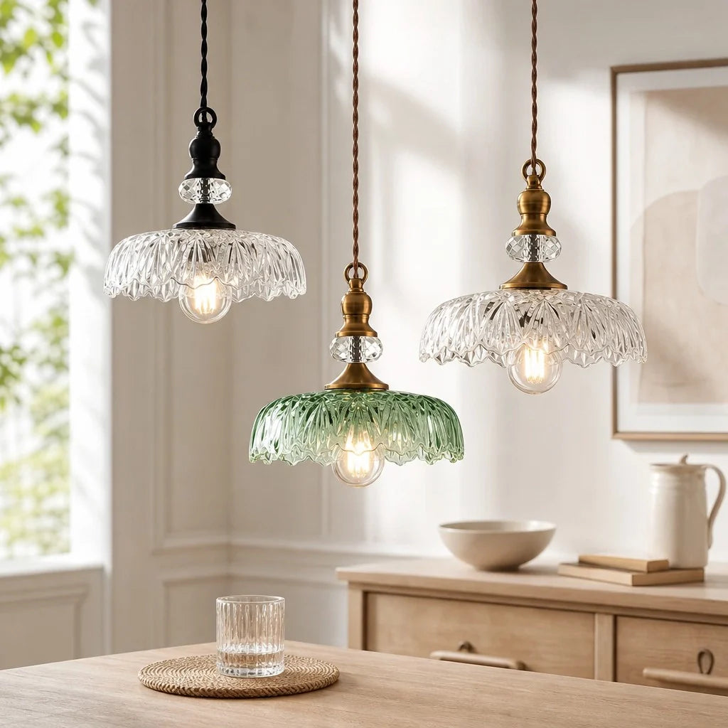 Vintage Hanglamp Glas Messing Bloemmotief Groen Zwart | Sansoti
