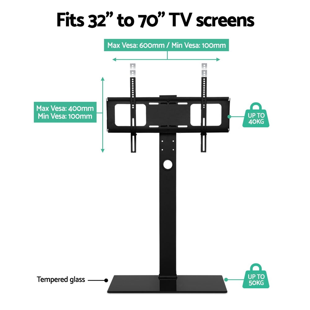 Support TV sur Pied Réglable avec Rotation et Plateau en Verre – Compatible Téléviseurs de 32 à 70 Pouces | Restfield