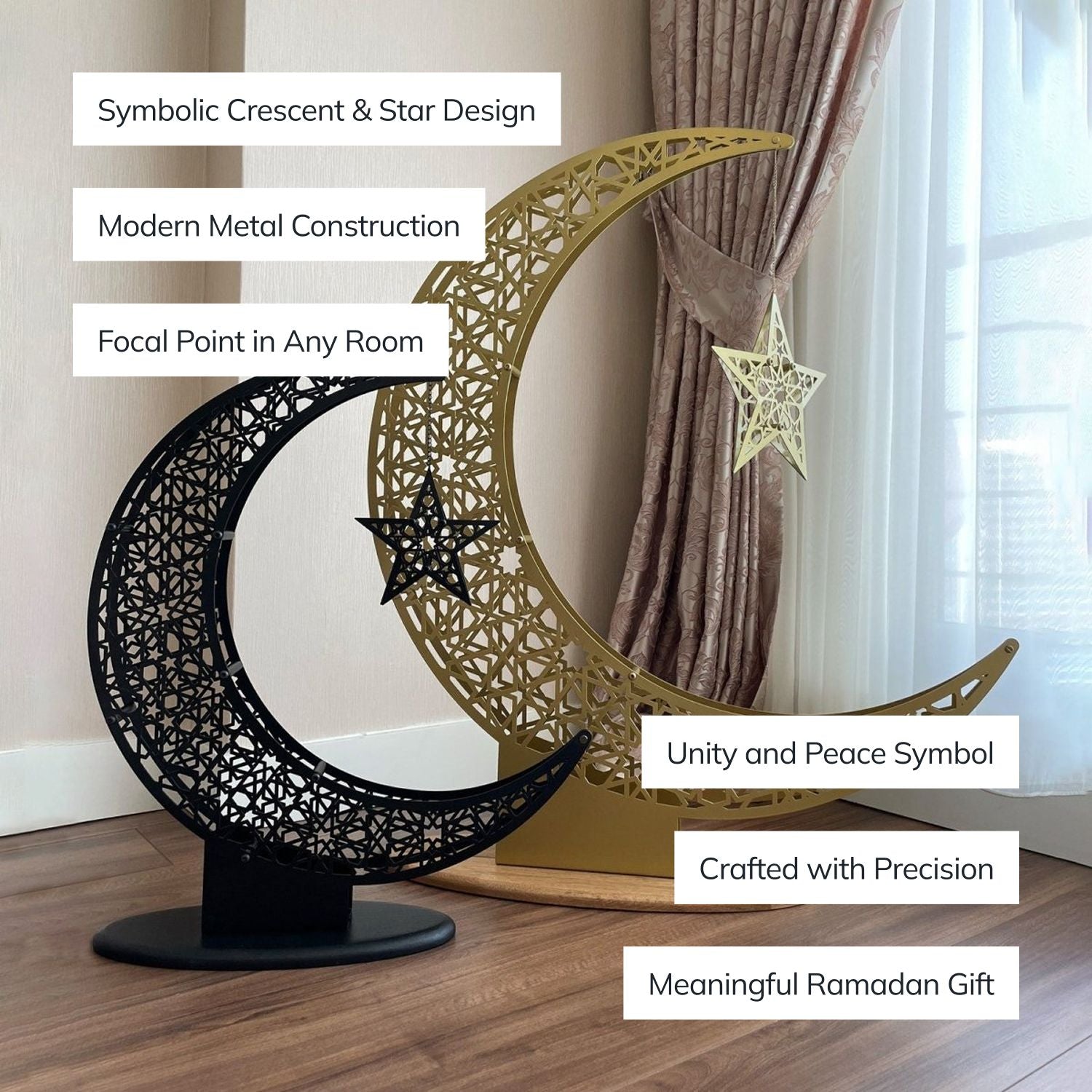 Islamitische Maan & Ster Wanddecoratie — Metalen Ramadan Ornament in Goud of Zwart | Sansoti