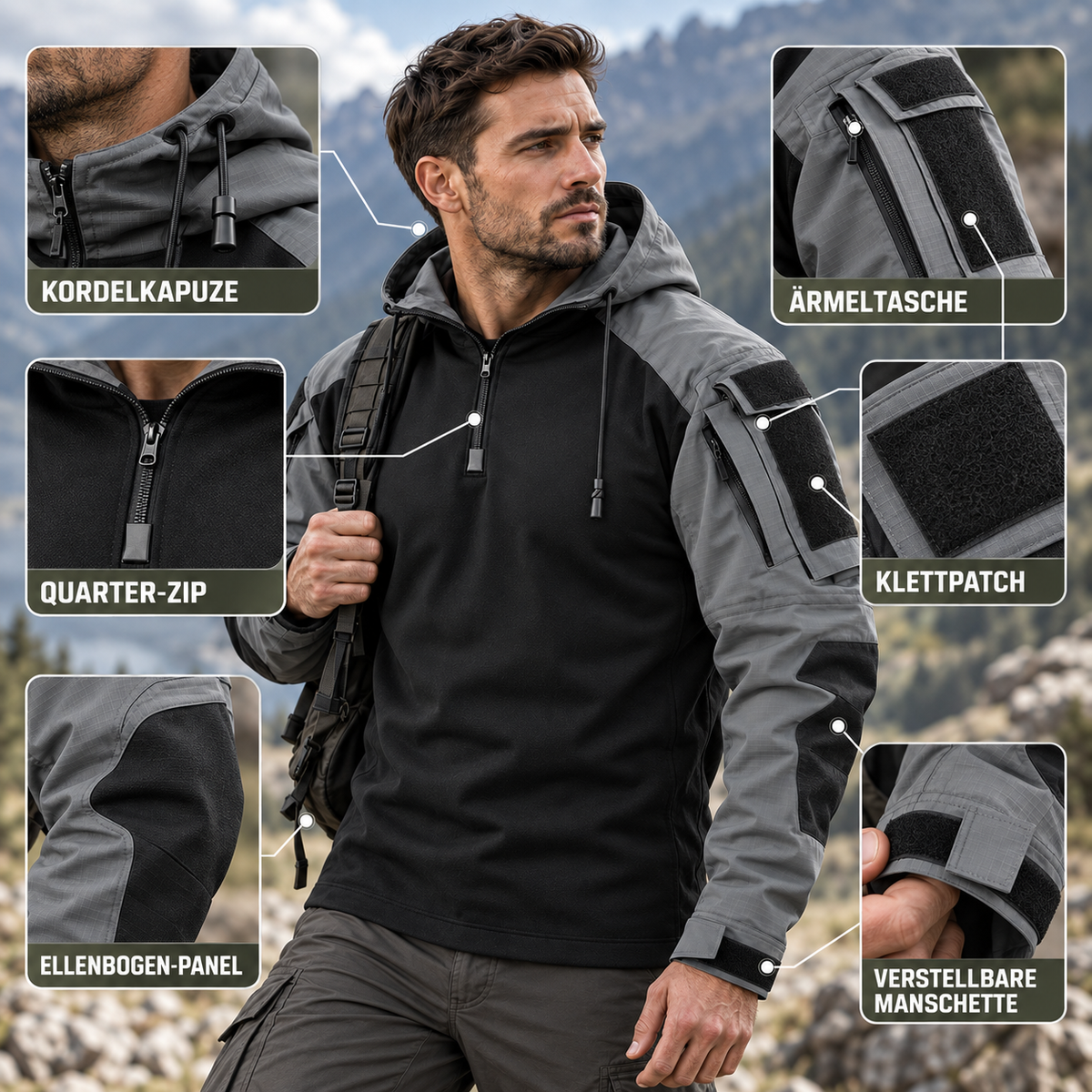 Veste tactique outdoor en polyester, déperlante, coupe-vent, respirante, automne-hiver, camping, randonnée, verte et grise | Sansoti