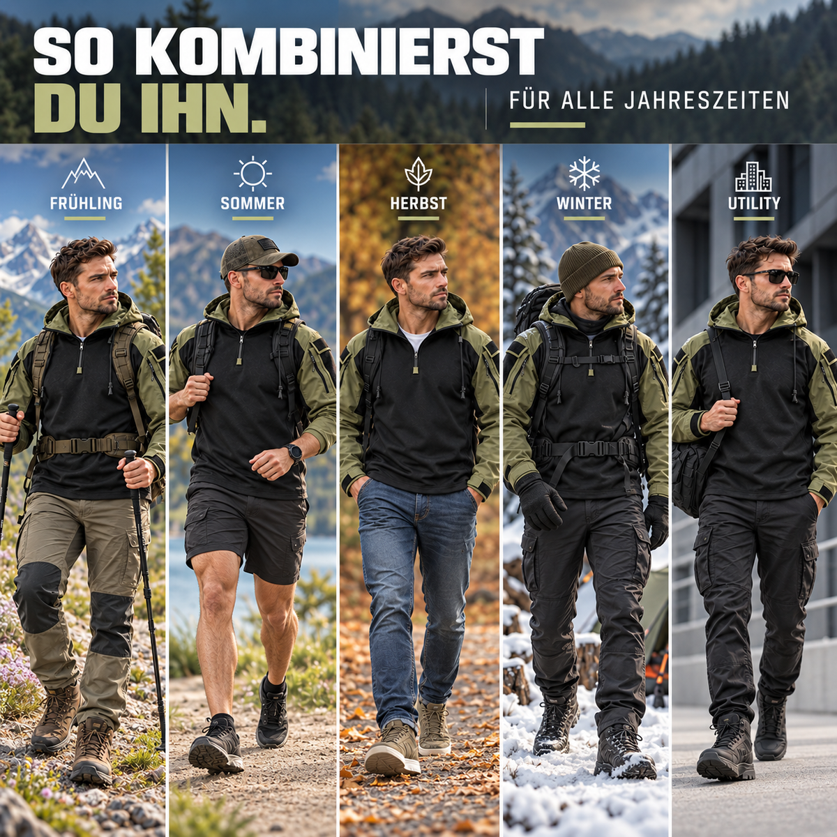 Veste tactique outdoor en polyester, déperlante, coupe-vent, respirante, automne-hiver, camping, randonnée, verte et grise | Sansoti