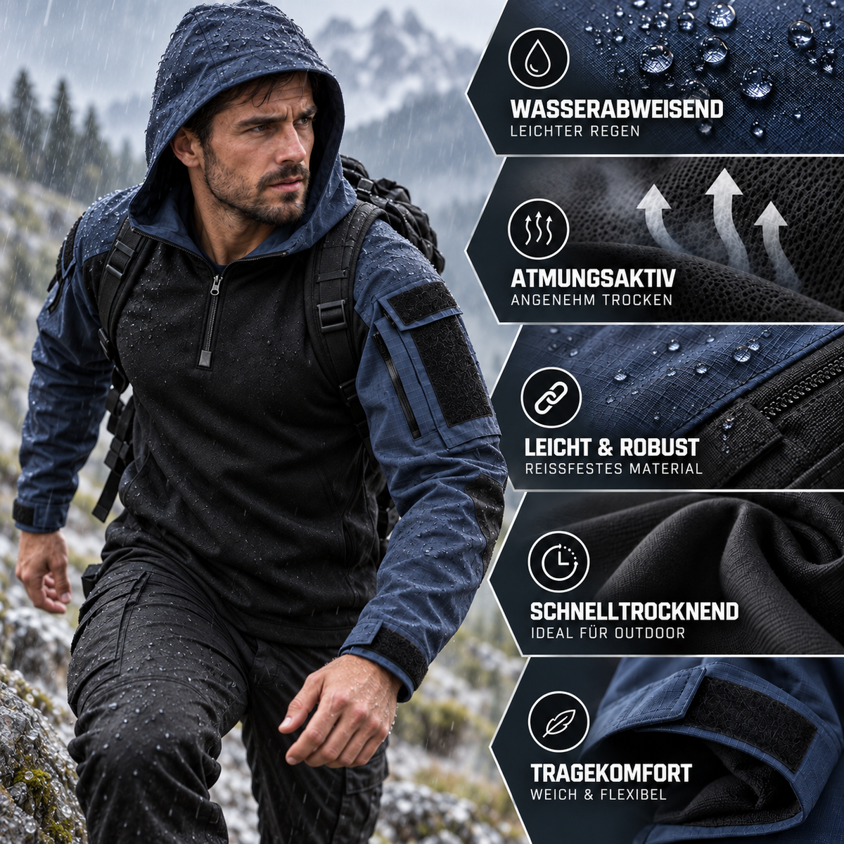 Veste tactique outdoor en polyester, déperlante, coupe-vent, respirante, automne-hiver, camping, randonnée, verte et grise | Sansoti