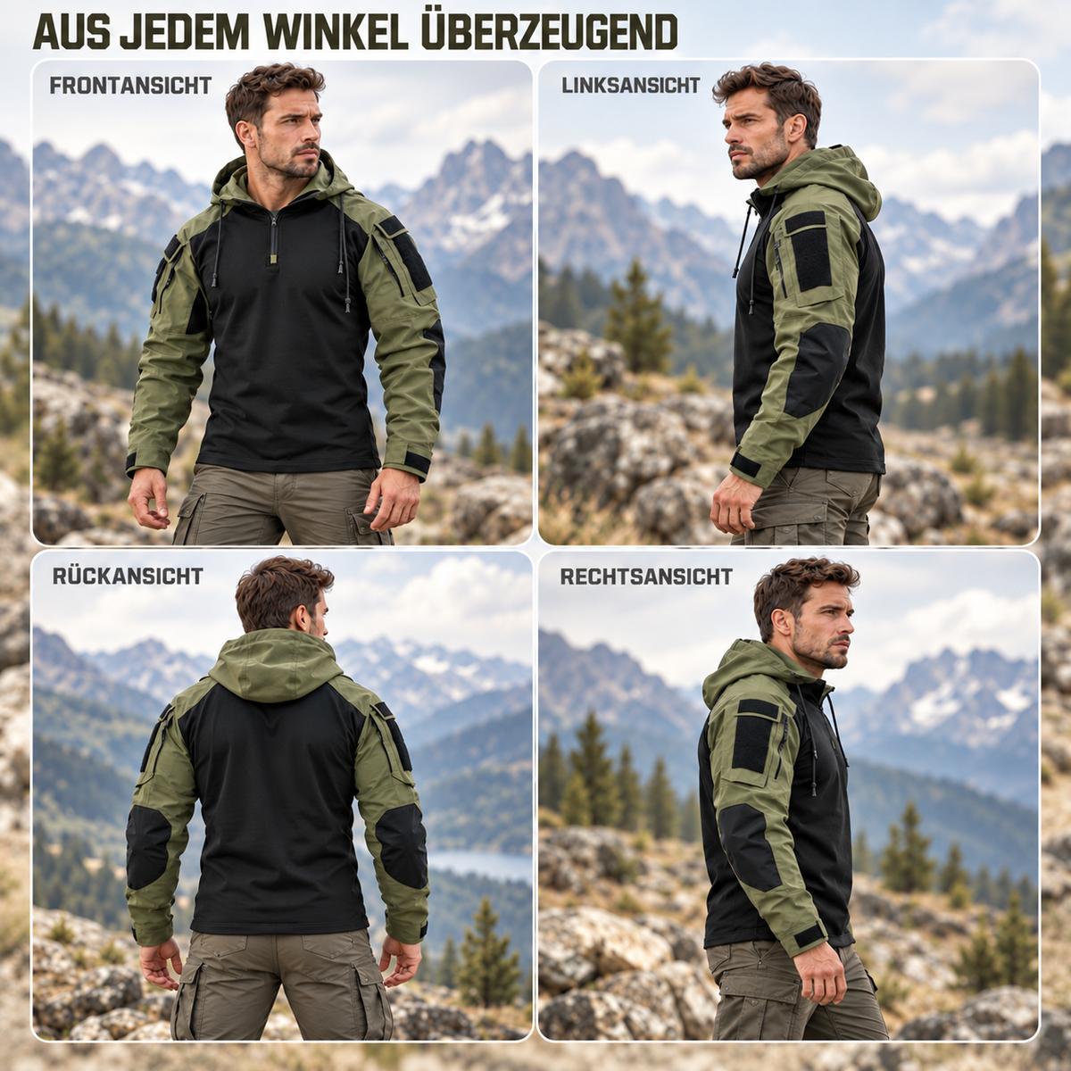 Veste tactique outdoor en polyester, déperlante, coupe-vent, respirante, automne-hiver, camping, randonnée, verte et grise | Sansoti