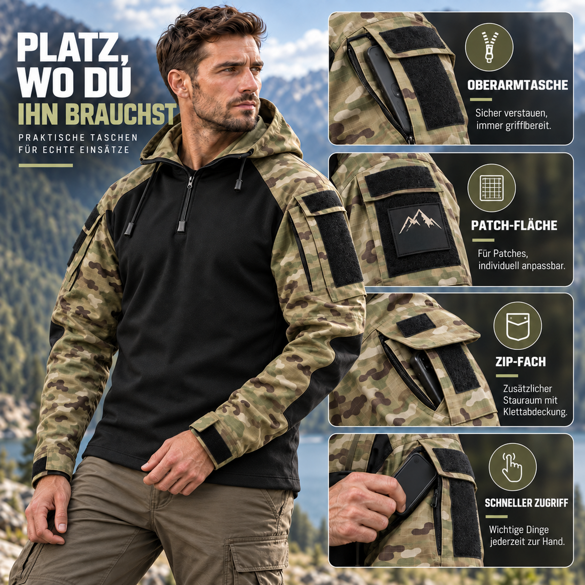 Veste tactique outdoor en polyester, déperlante, coupe-vent, respirante, automne-hiver, camping, randonnée, verte et grise | Sansoti