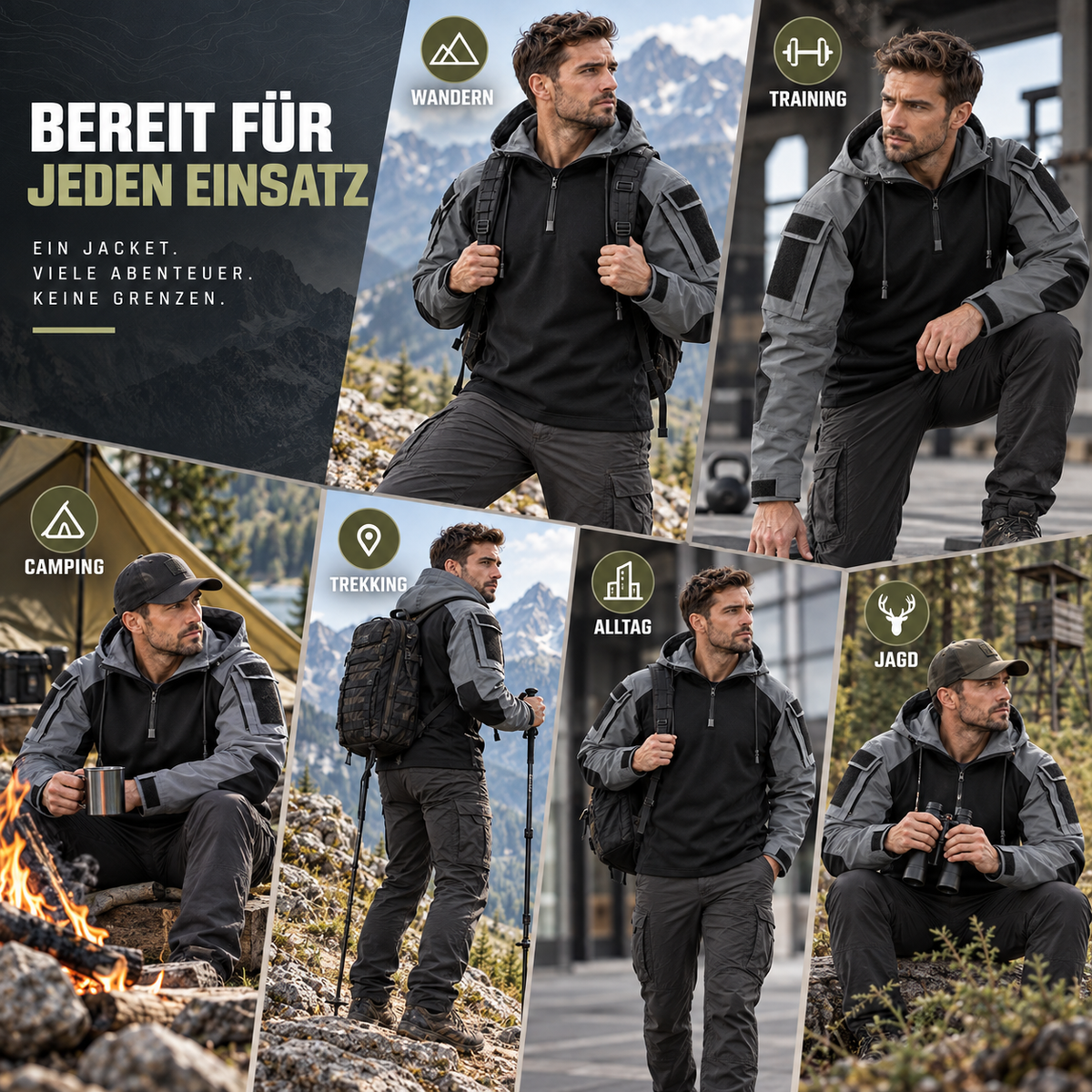 Veste tactique outdoor en polyester, déperlante, coupe-vent, respirante, automne-hiver, camping, randonnée, verte et grise | Sansoti