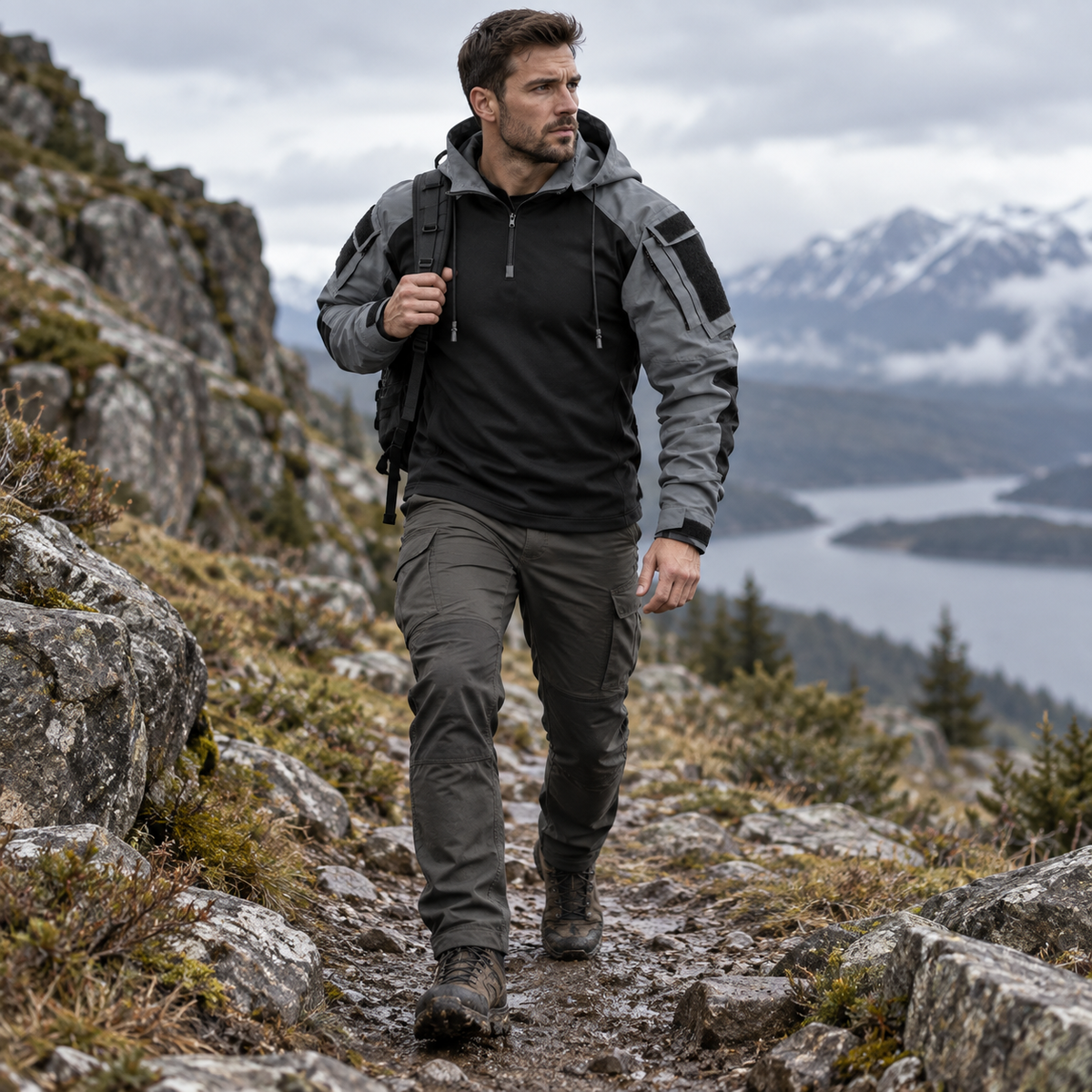 Veste tactique outdoor en polyester, déperlante, coupe-vent, respirante, automne-hiver, camping, randonnée, verte et grise | Sansoti